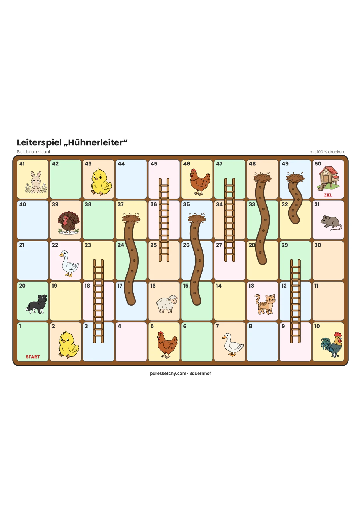 Bunter Spielplan zum Leiterspiel „Hühnerleiter“ mit Zahlenfeldern, Hühnerleitern, Matschrutschen und Hoftieren zum Ausdrucken