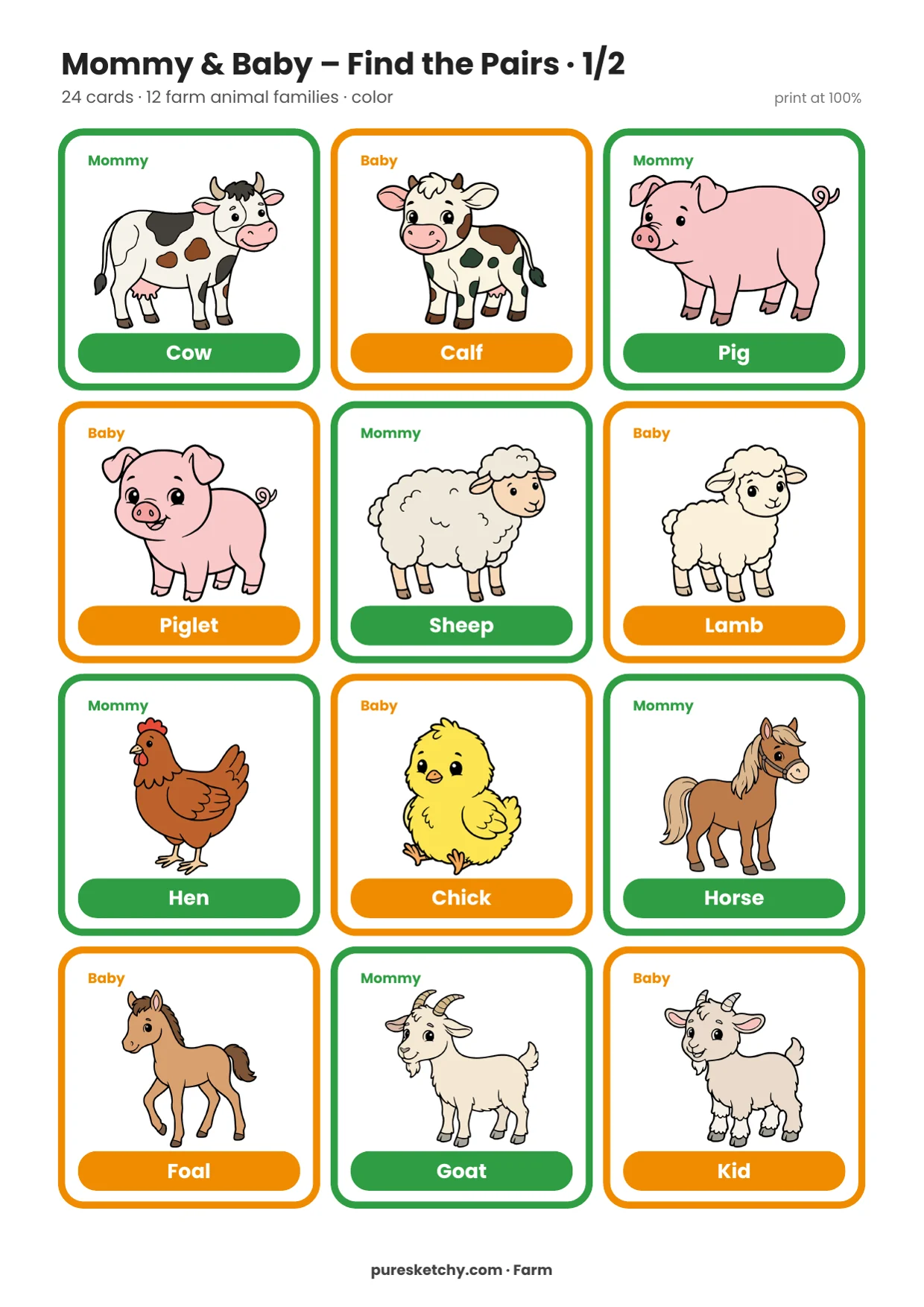Colorful mommy and baby cards with cow and calf, pig and piglet, sheep and lamb, hen and chick, horse and foal to print