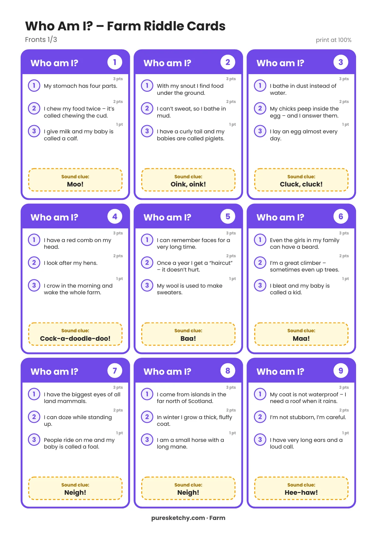 Nine purple “Who am I?” riddle cards with three clues each about farm animals to print