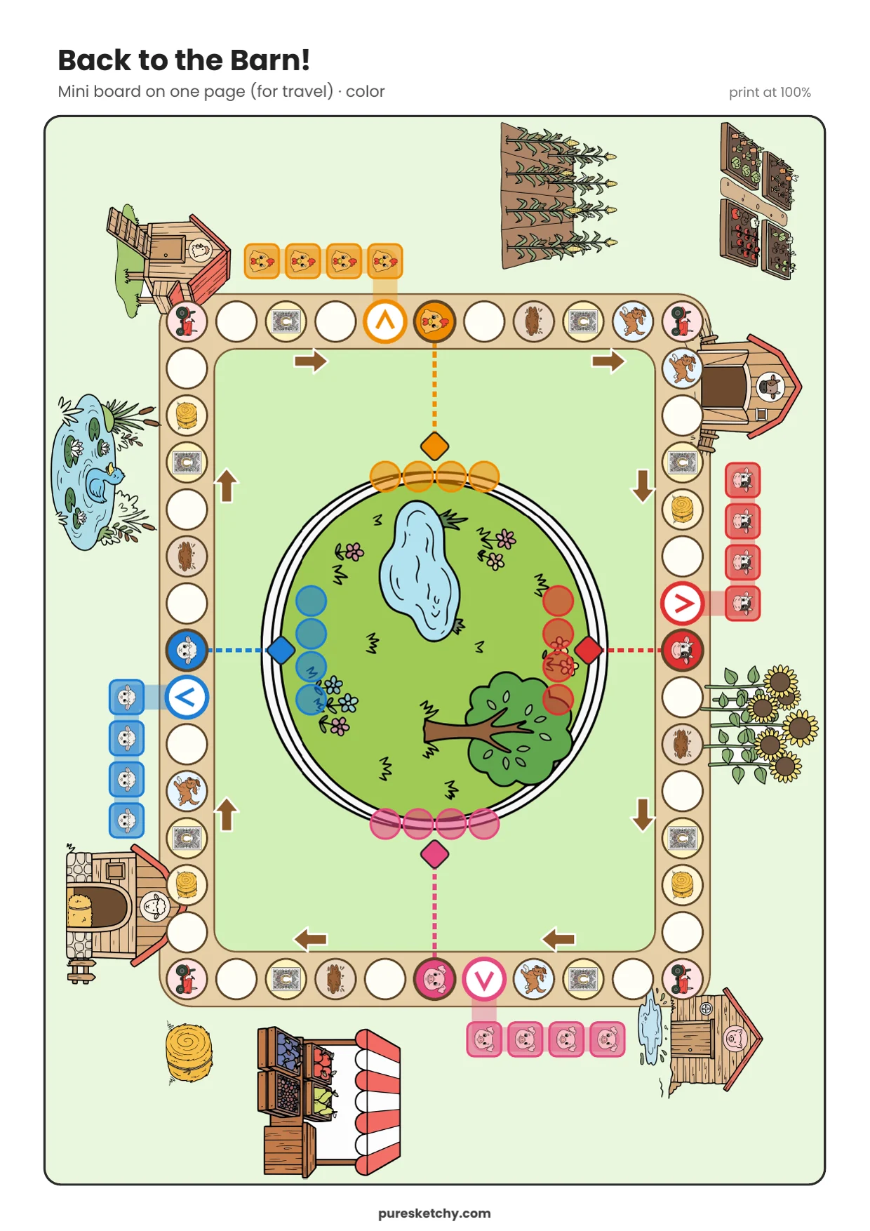 Colorful mini game board for the farm board game “Back to the Barn!” with meadow, pond, barns and path to print