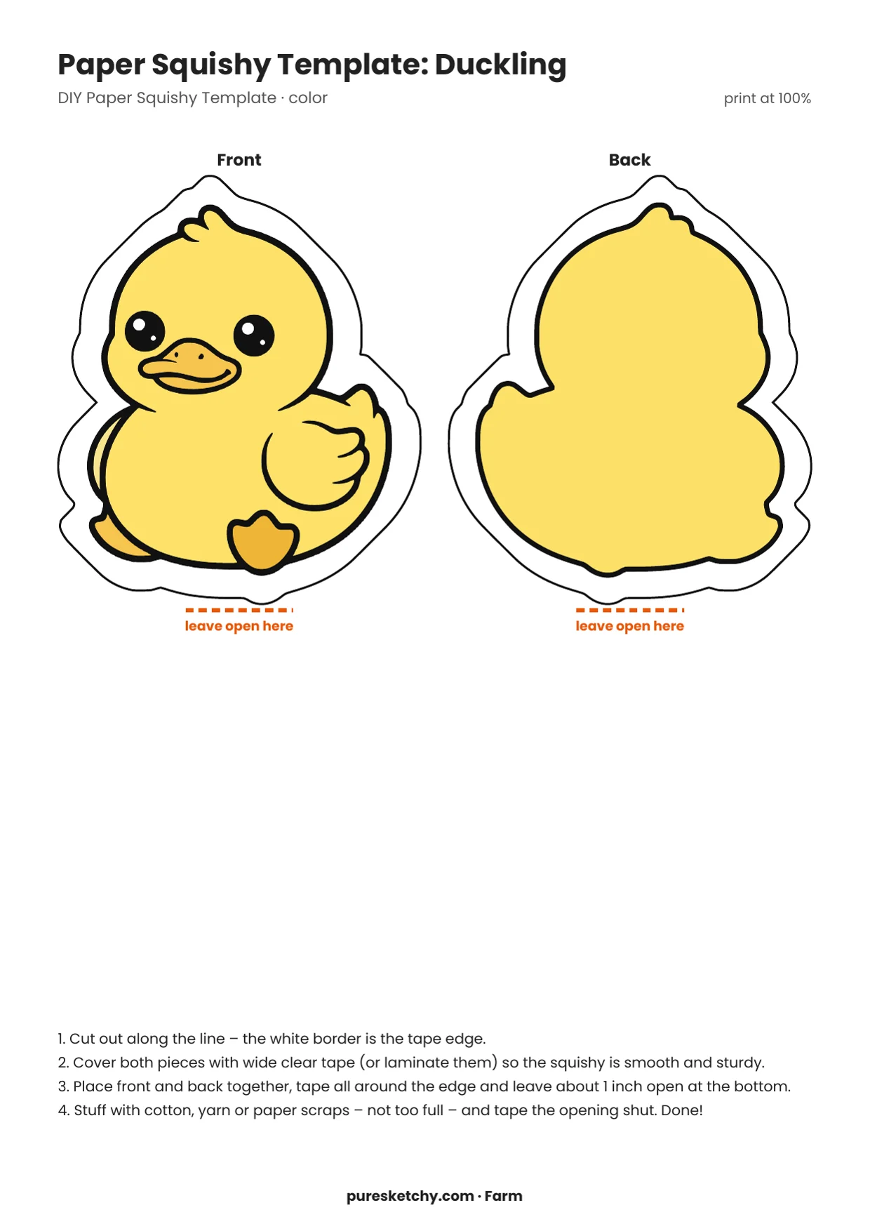 Full-color paper squishy template of a yellow duckling with orange bill, wing and webbed foot plus a yellow back, printable