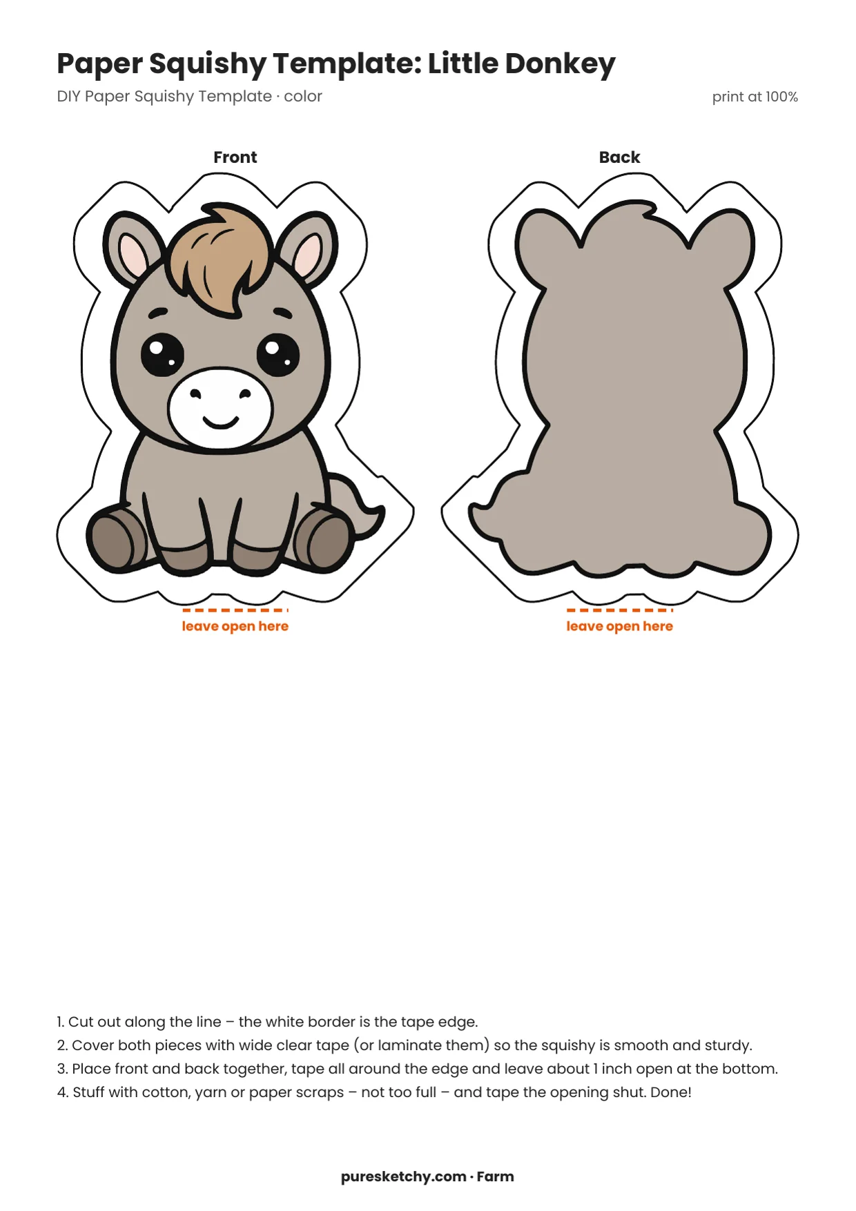 Full-color paper squishy template of a sitting gray donkey with white muzzle, brown forelock and tail, with back, printable