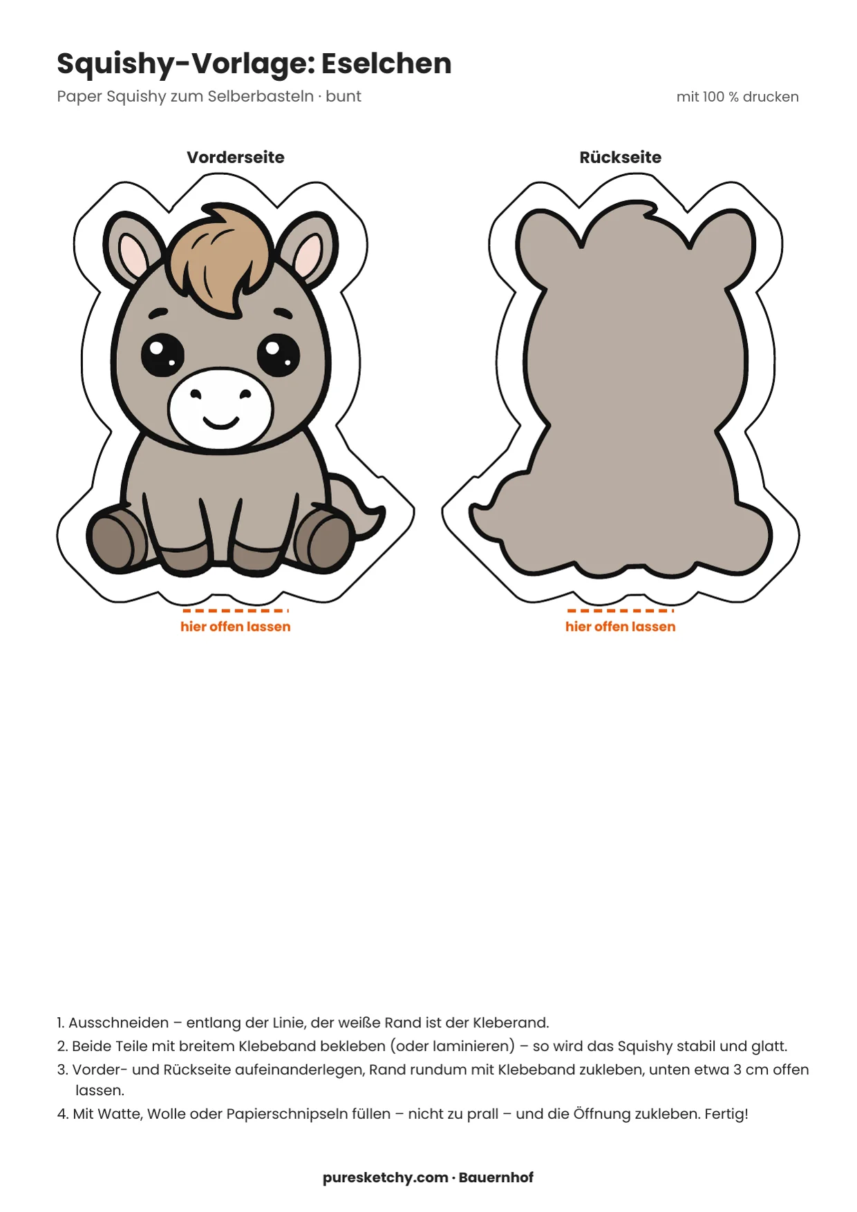 Bunte Squishy-Vorlage eines sitzenden grauen Eselchens mit weißer Schnauze, brauner Stirnlocke und Schwänzchen, mit Rückseite, zum Ausdrucken