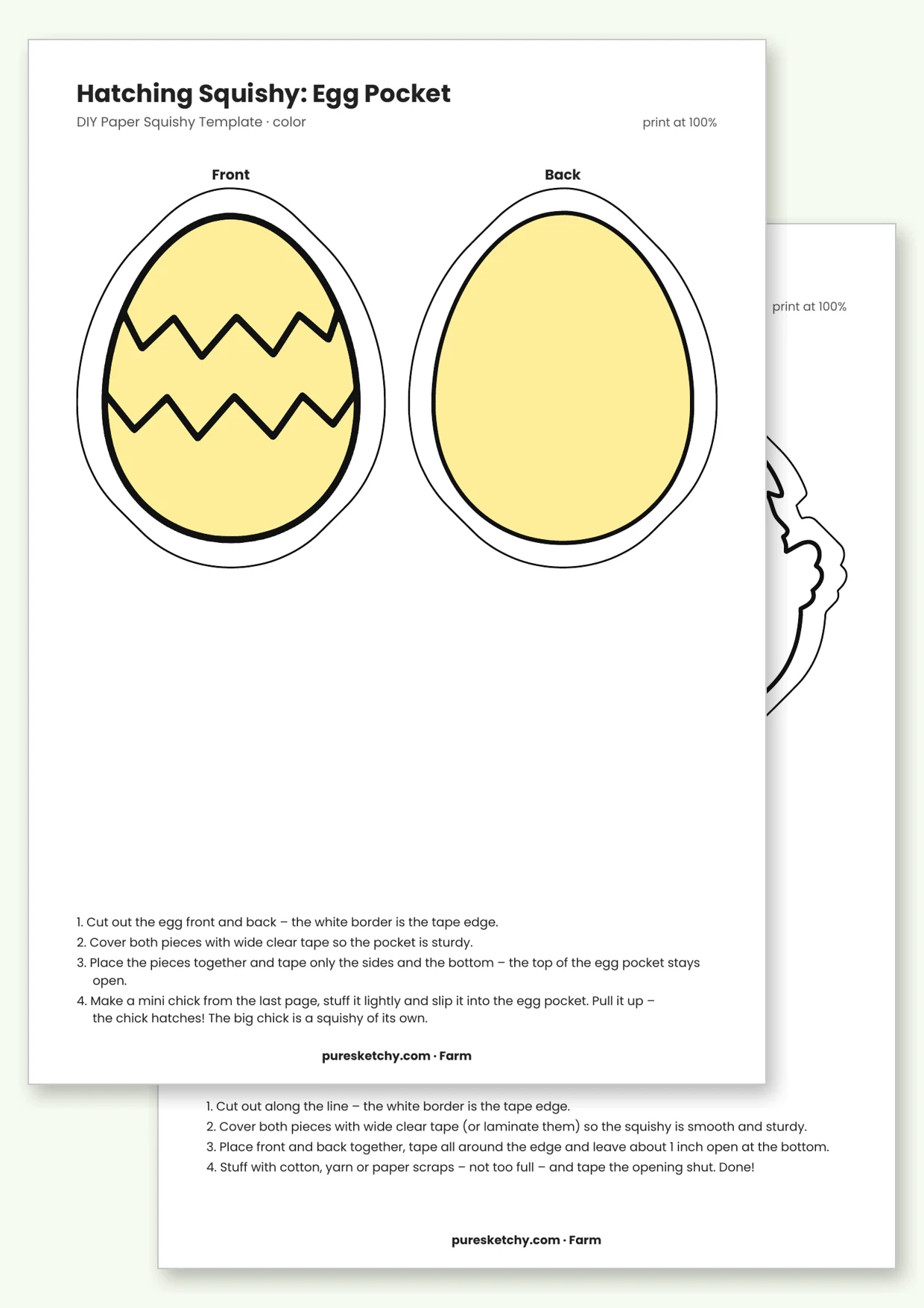 Full-color template of a yellow egg pocket with a zigzag pattern, front and back, for the printable hatching chick squishy