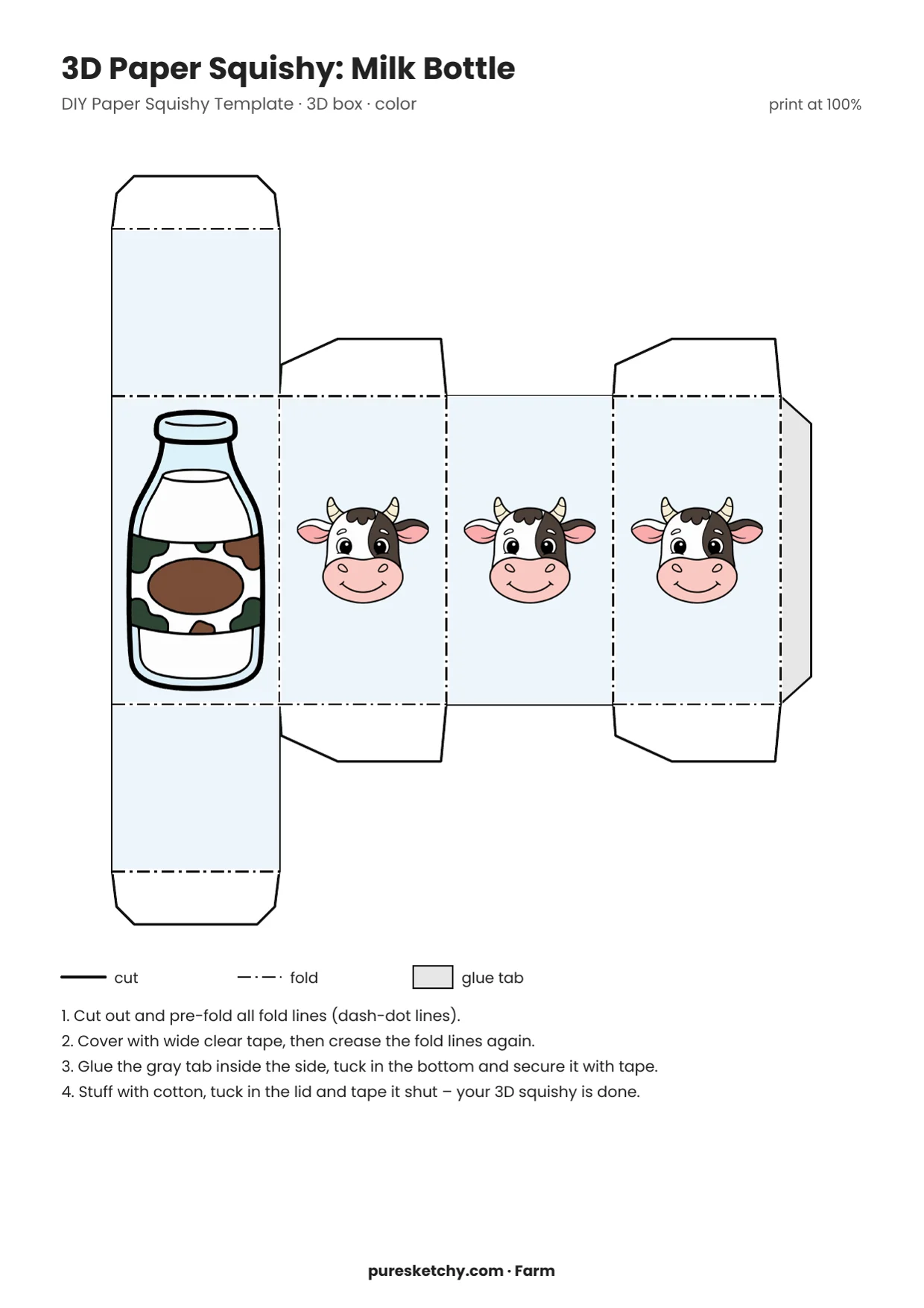 Full-color fold-up template of a light blue box with a milk bottle on the front and three cow faces on the sides, printable