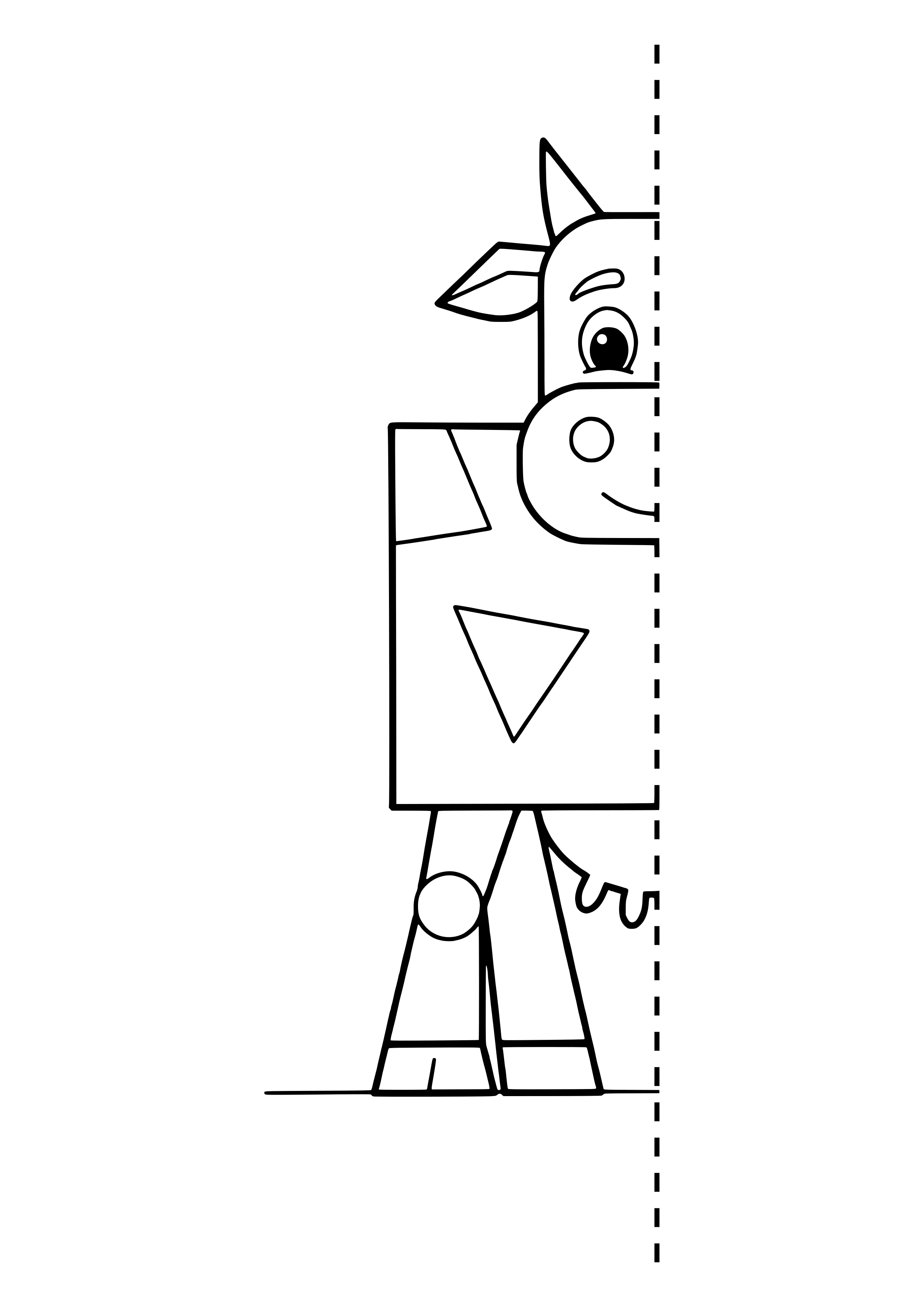 Left half of a geometric cow with a triangle horn, ear, eye, round muzzle, rectangular body with a triangle spot, two legs and half an udder beside a dotted line of symmetry – coloring page to print