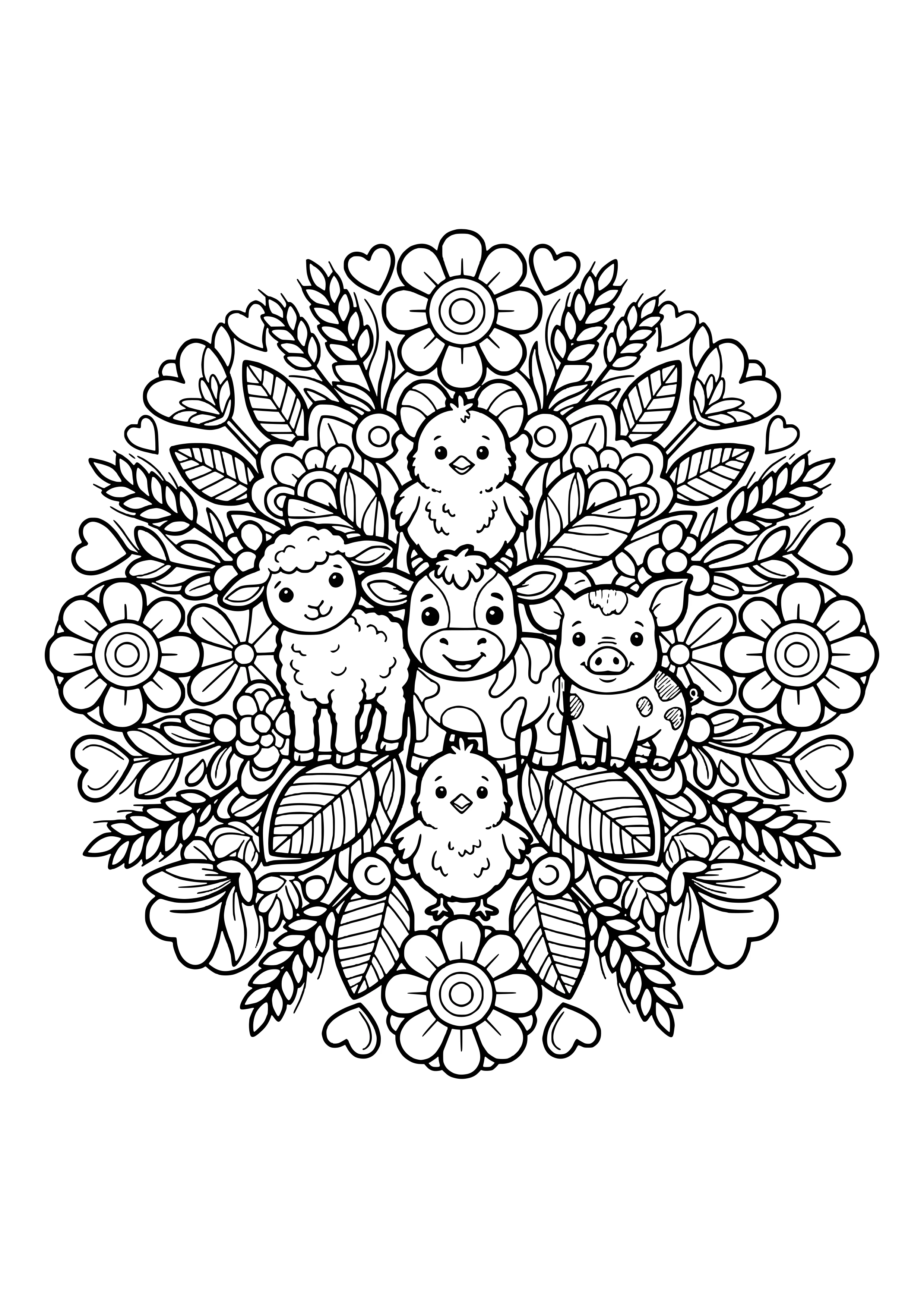 Rundes Mandala mit Lamm, Kalb, Ferkel und zwei Küken in der Mitte, umgeben von Blumen, Ähren, Blättern und Herzen – Ausmalbild zum Ausdrucken