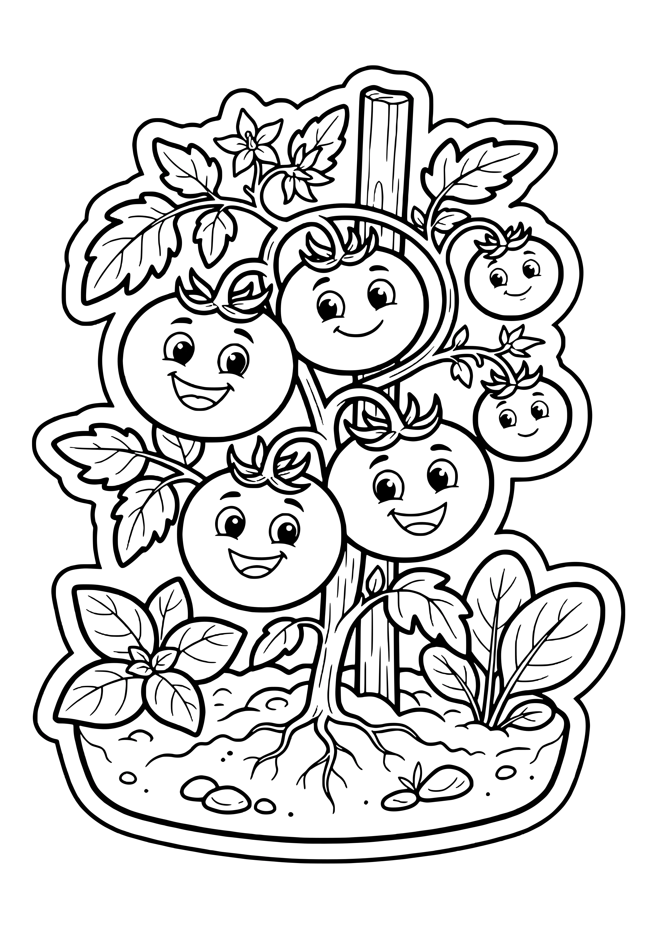 Tomato plant on a wooden stake with six smiling tomatoes, flowers, leaves and herbs in a garden bed with visible roots, drawn in a sticker style – coloring page to print