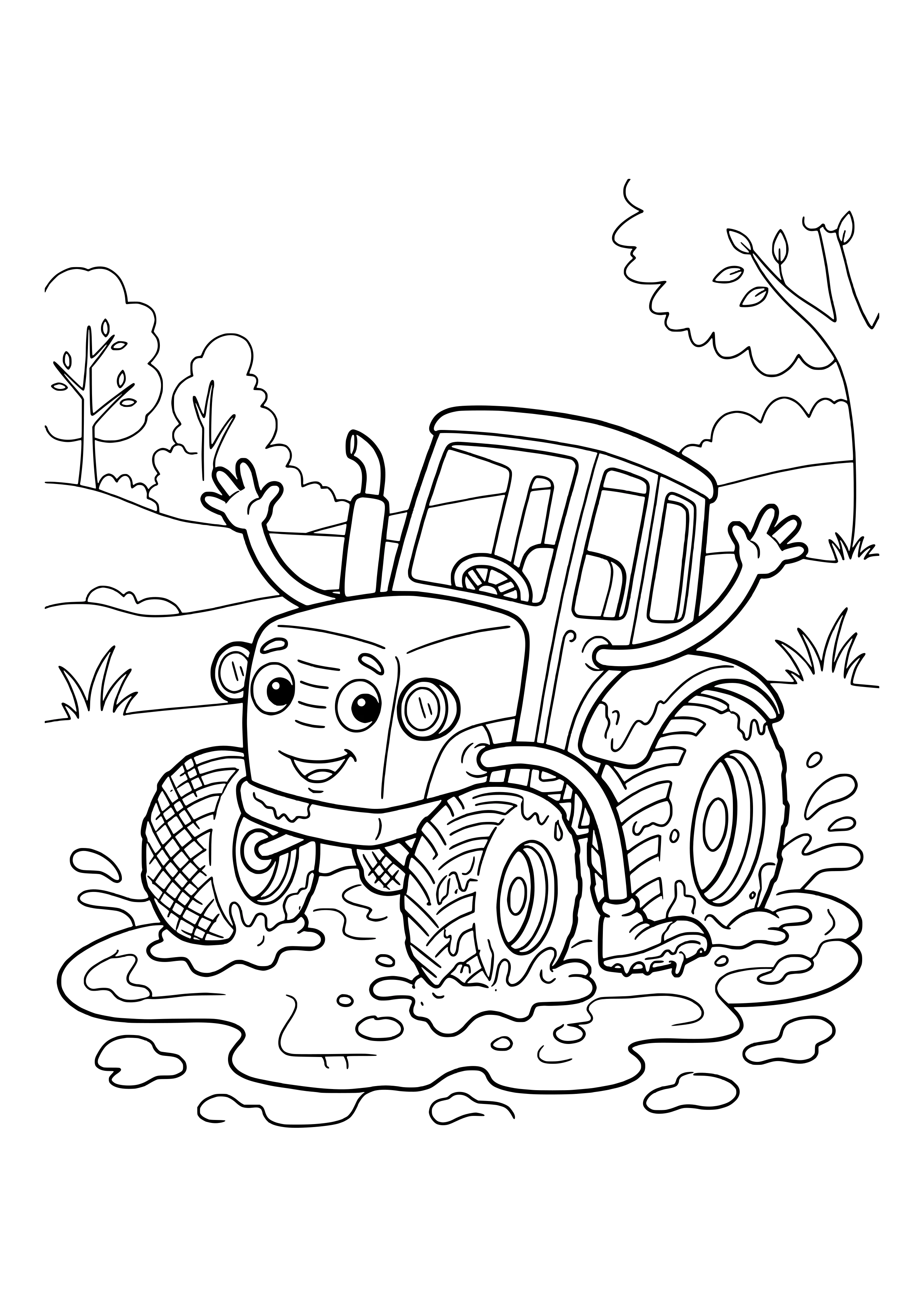 Smiling cartoon tractor with a cab, waving arms and a rubber boot in a splashing mud puddle with trees and hills behind it – coloring page to print