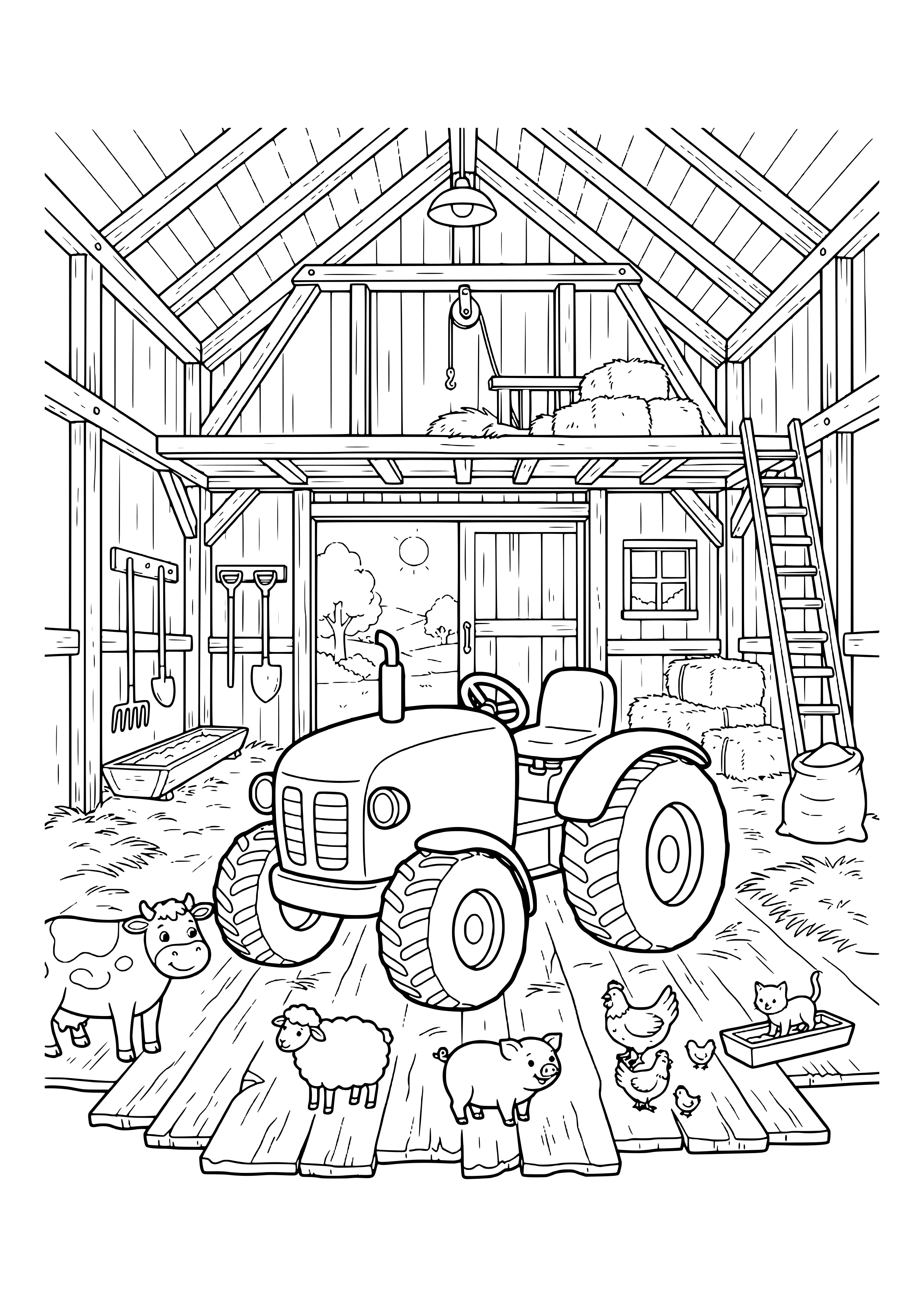 Tractor inside a wooden barn with a hayloft, ladder, hay bales and hanging tools, plus a cow, sheep, pig, chickens, chicks and a cat – coloring page to print