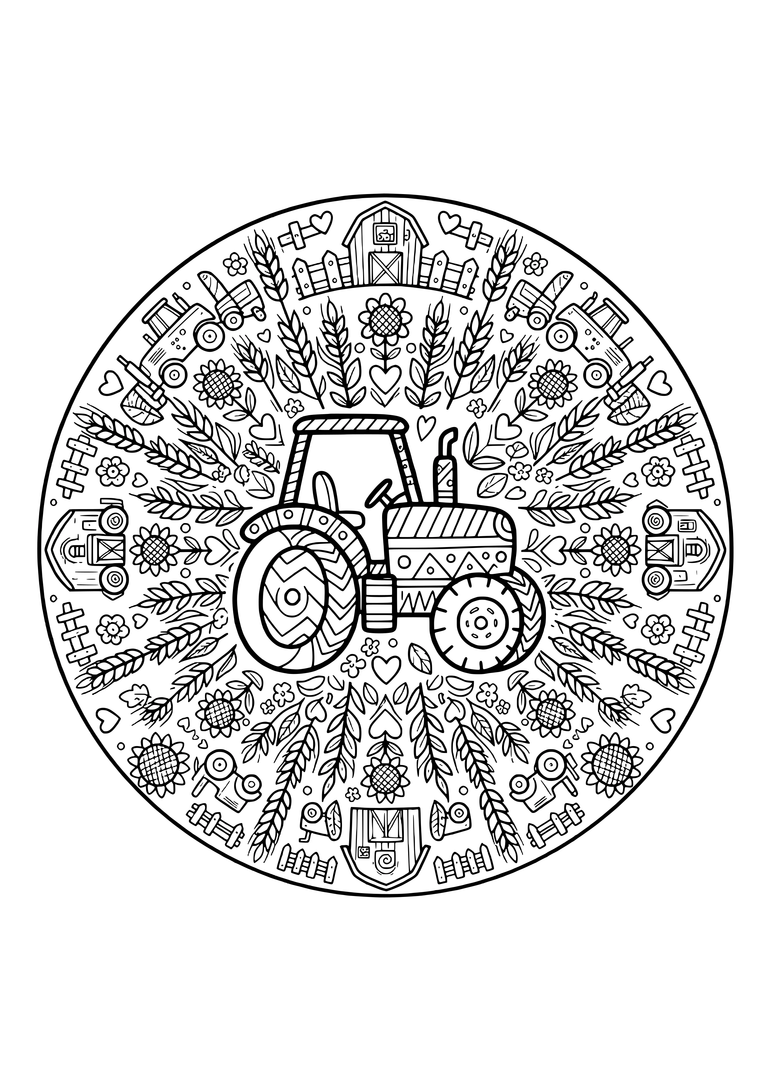 Round mandala with a patterned tractor in the center, surrounded by wheat stalks, sunflowers, hearts, barns, fences and small tractors – coloring page to print
