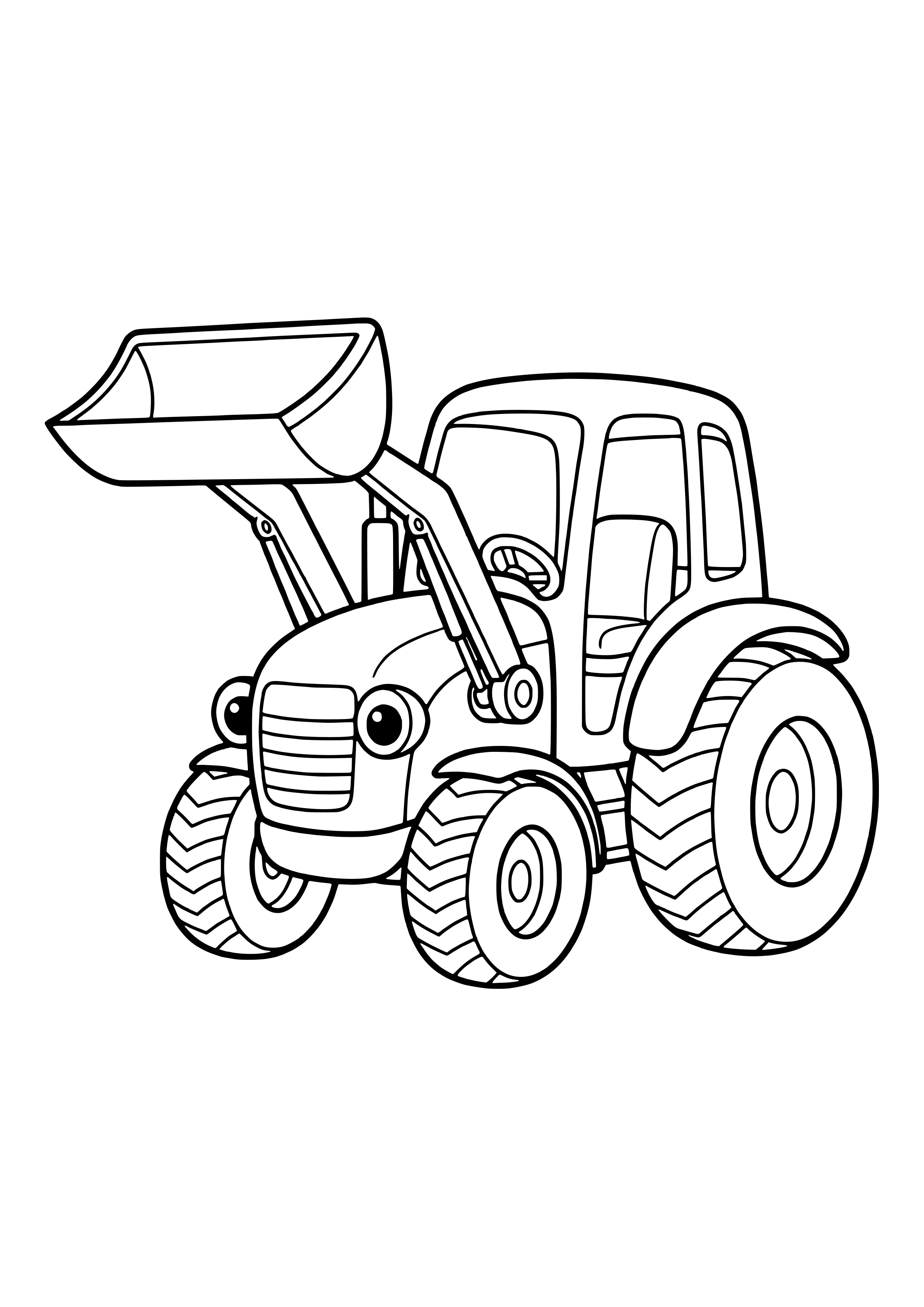 Lächelnder Traktor mit Kabine und Profilreifen hebt eine große Frontladerschaufel an zwei Armen hoch – Ausmalbild zum Ausdrucken