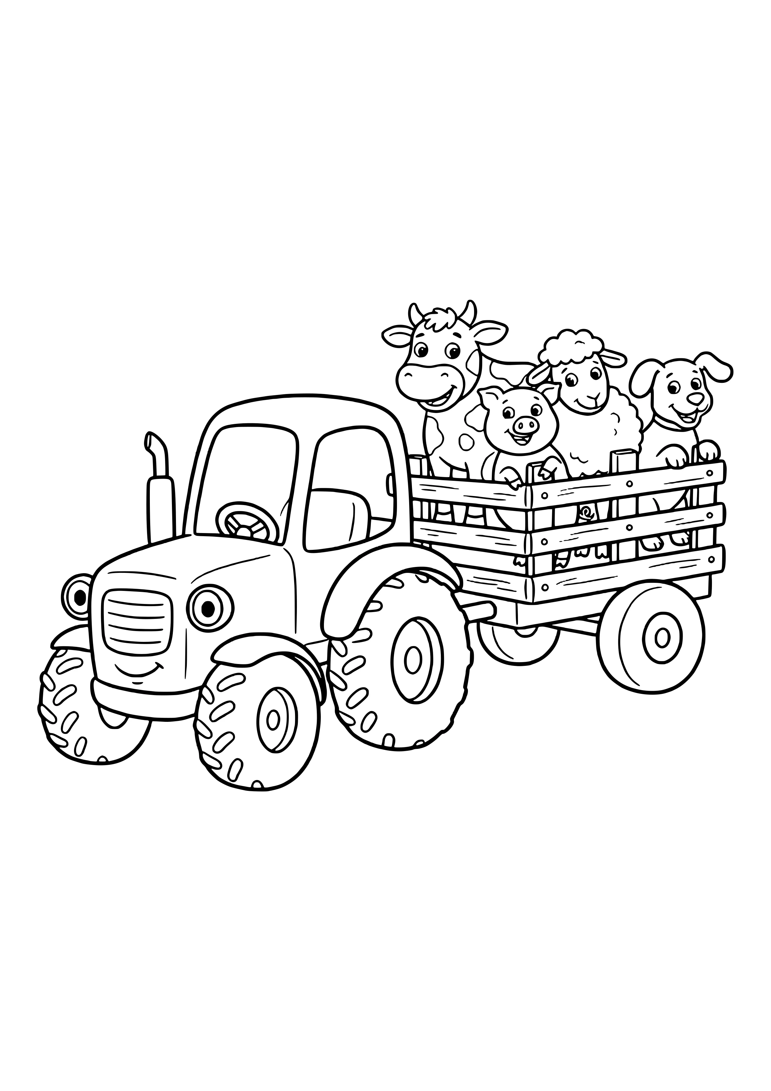 Smiling tractor pulling a wooden trailer with a cow, a pig, a sheep and a dog riding inside – coloring page to print