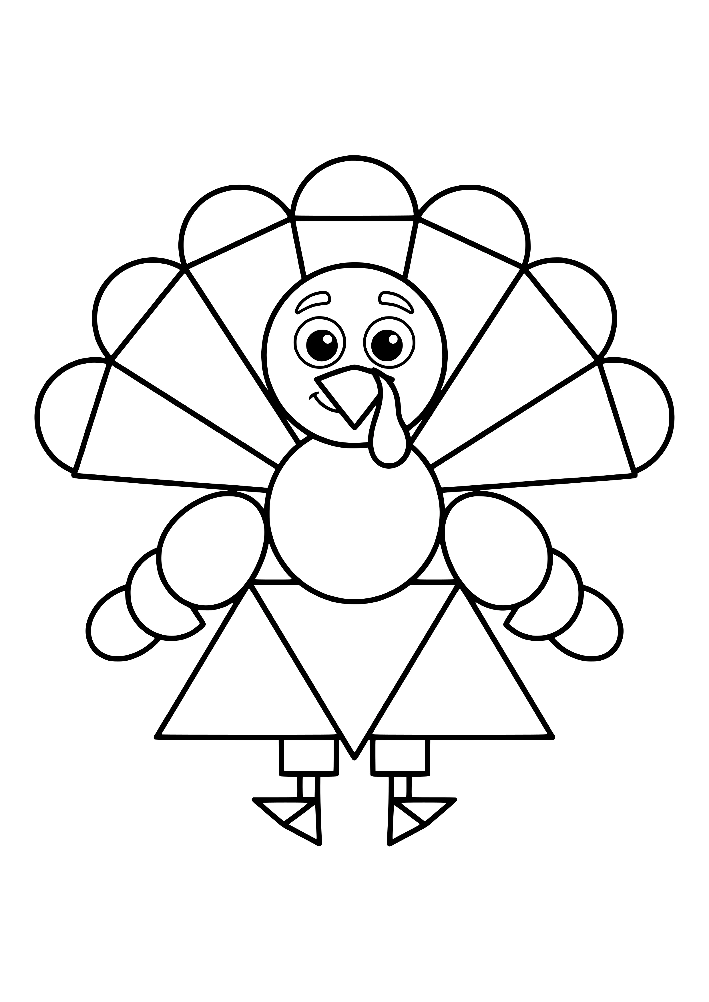 Turkey made of geometric shapes with a round head and belly, triangle body and a fanned tail of triangles and half circles – coloring page to print