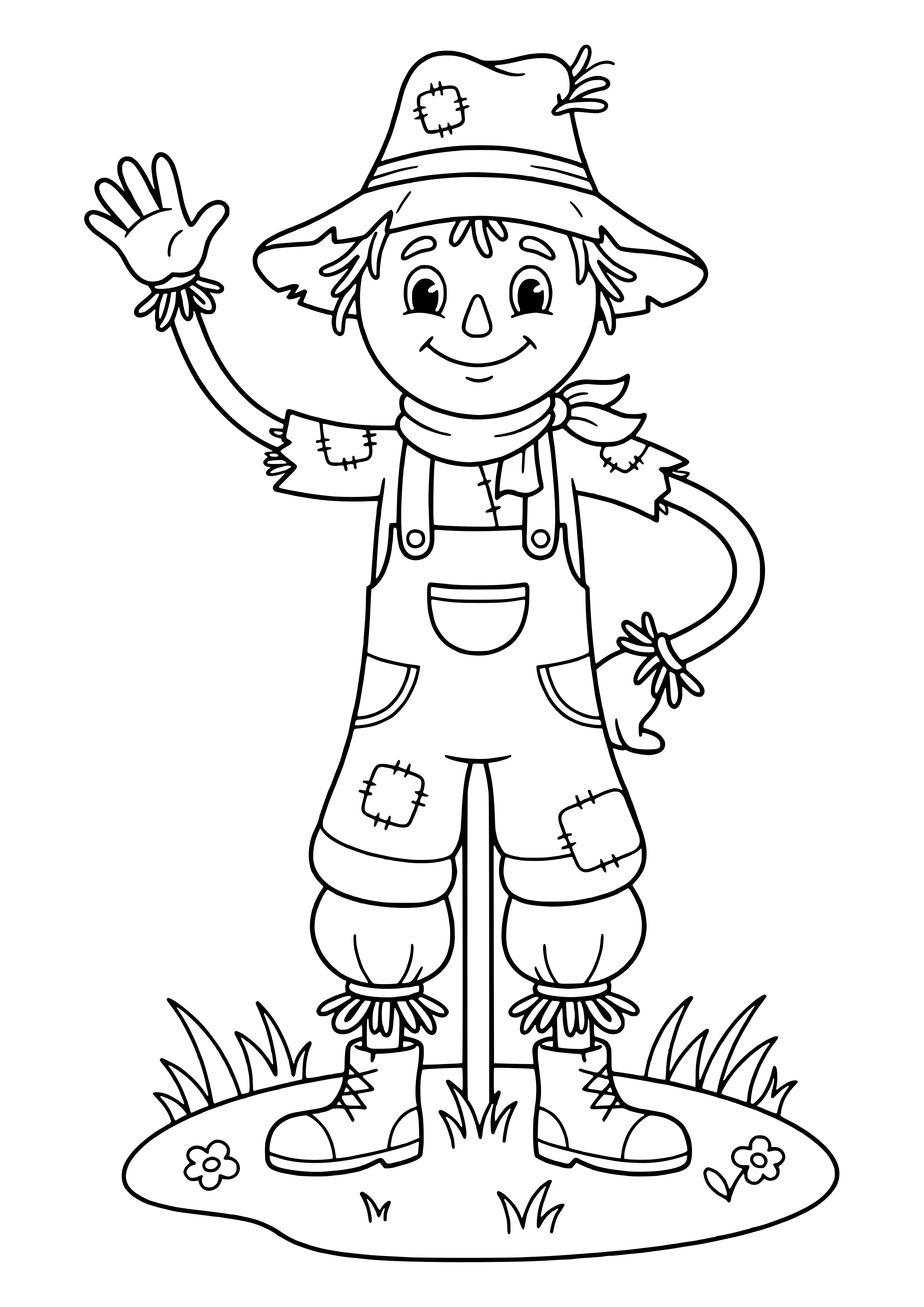 Smiling scarecrow with a hat, bandana, patched overalls, straw at the hands and legs and boots waving on a patch of grass with little flowers – coloring page to print