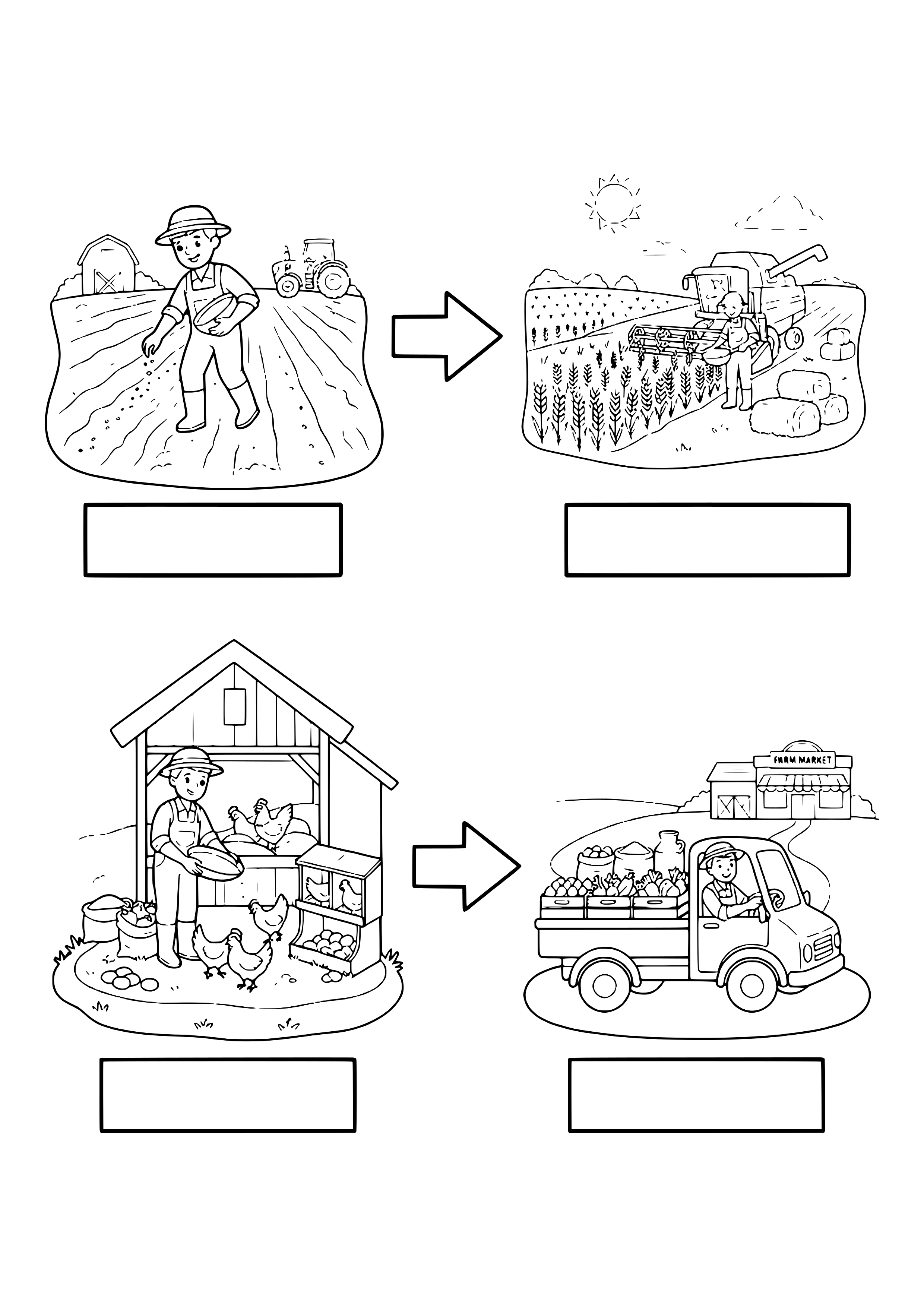 Worksheet with four scenes and blank boxes: a farmer scattering seeds, a combine harvesting grain with straw bales, a farmer collecting eggs in a henhouse and a truck with produce crates and milk cans at a farm market – coloring page to print