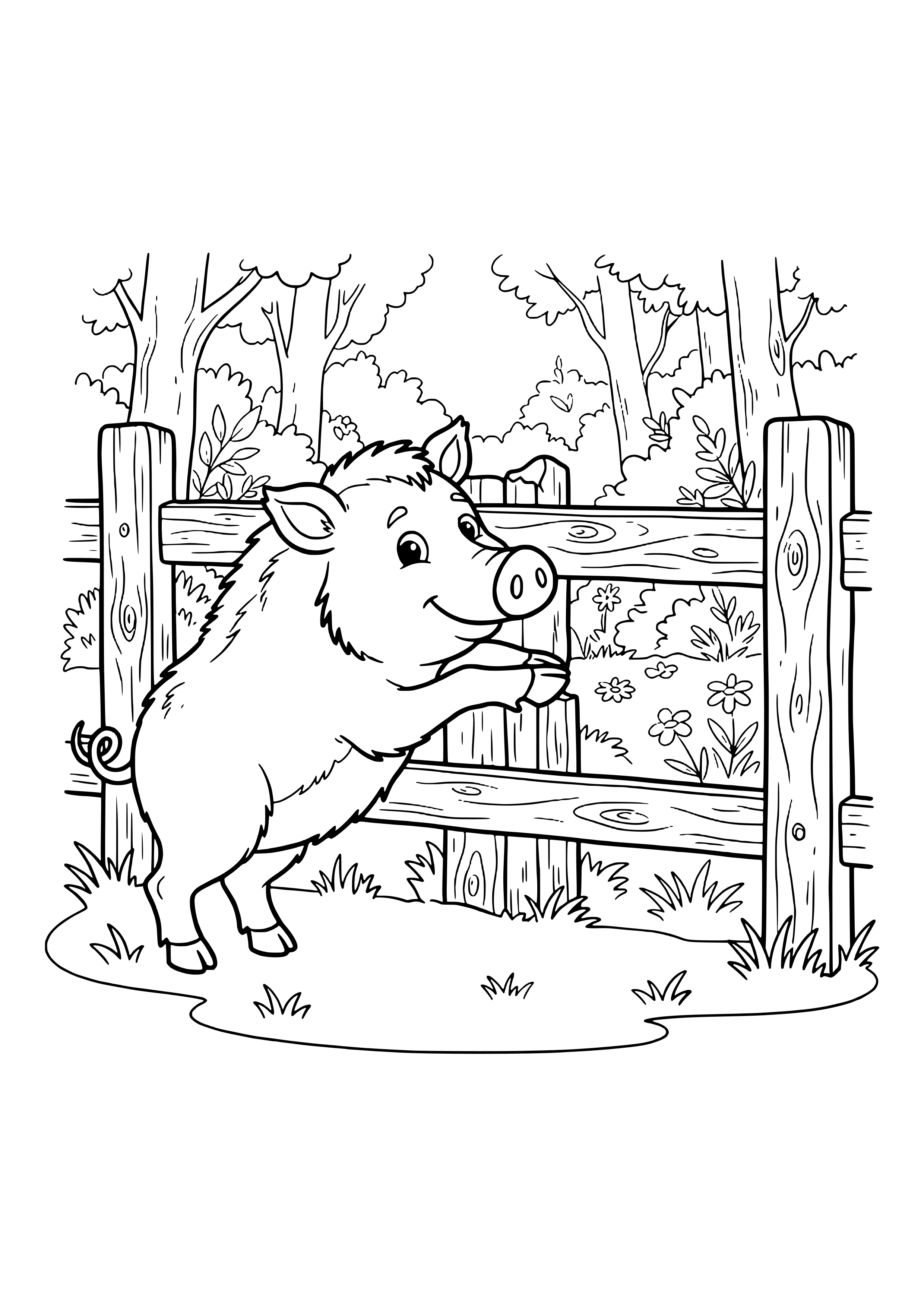 Bristly wild boar leaning on a wooden fence with knotty posts, with forest trees, bushes and flowers in the background – coloring page to print