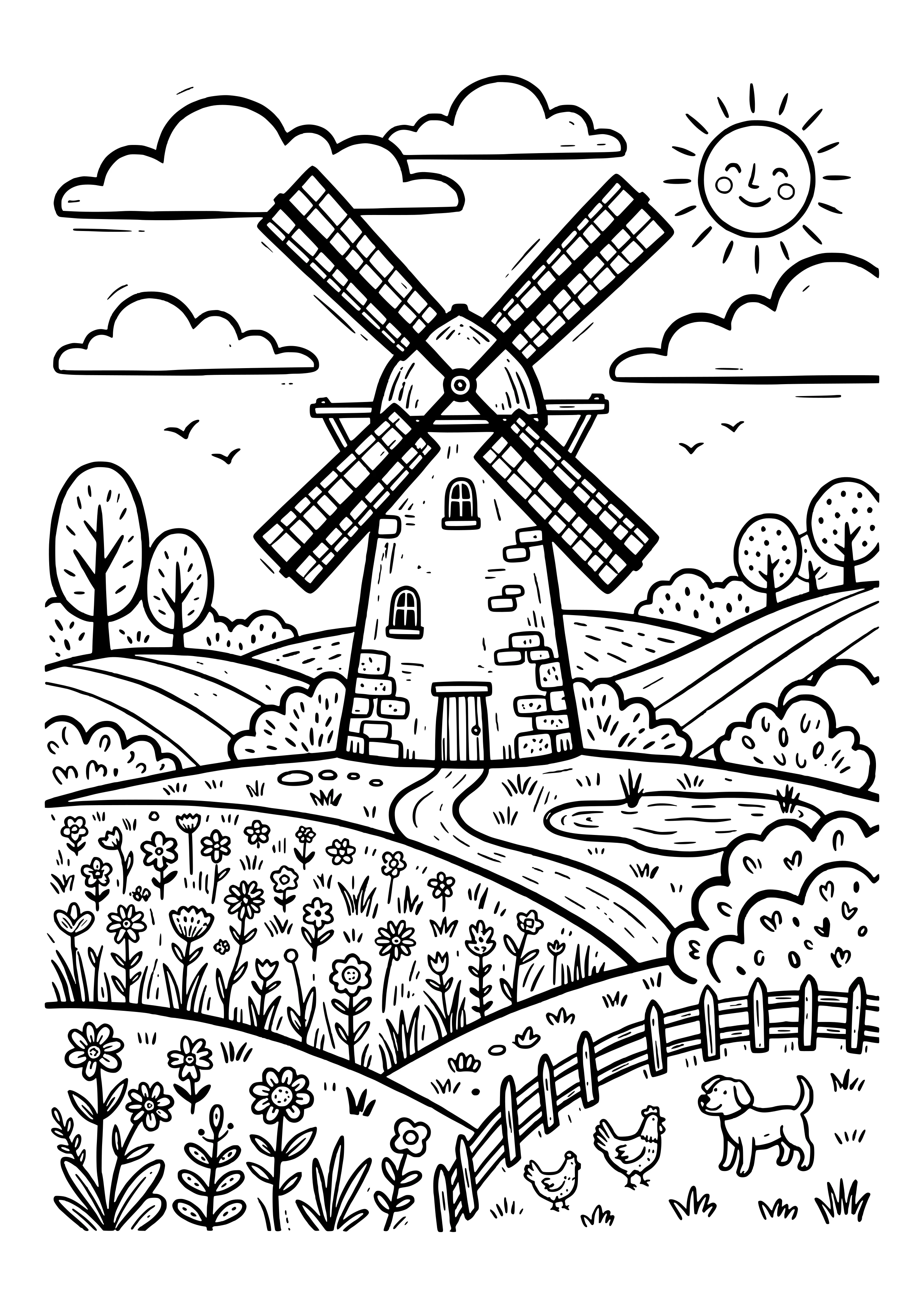 Stone windmill with four sails on a hill, with a path, pond, flower meadow, wooden fence, a dog, two hens, a smiling sun, and birds – coloring page to print