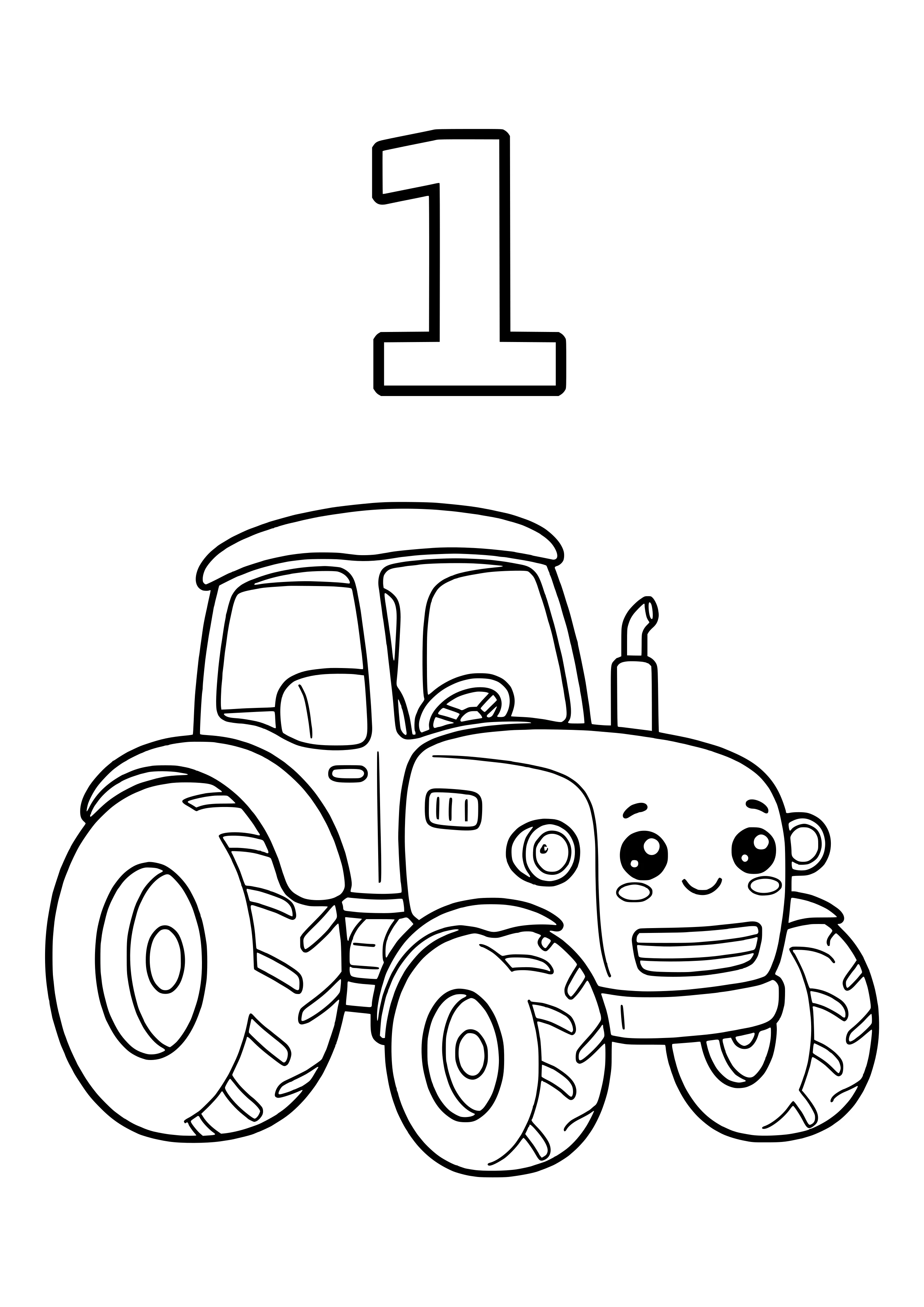Large numeral 1 above one smiling tractor with a cab, steering wheel, seat and big treaded tires – coloring page to print