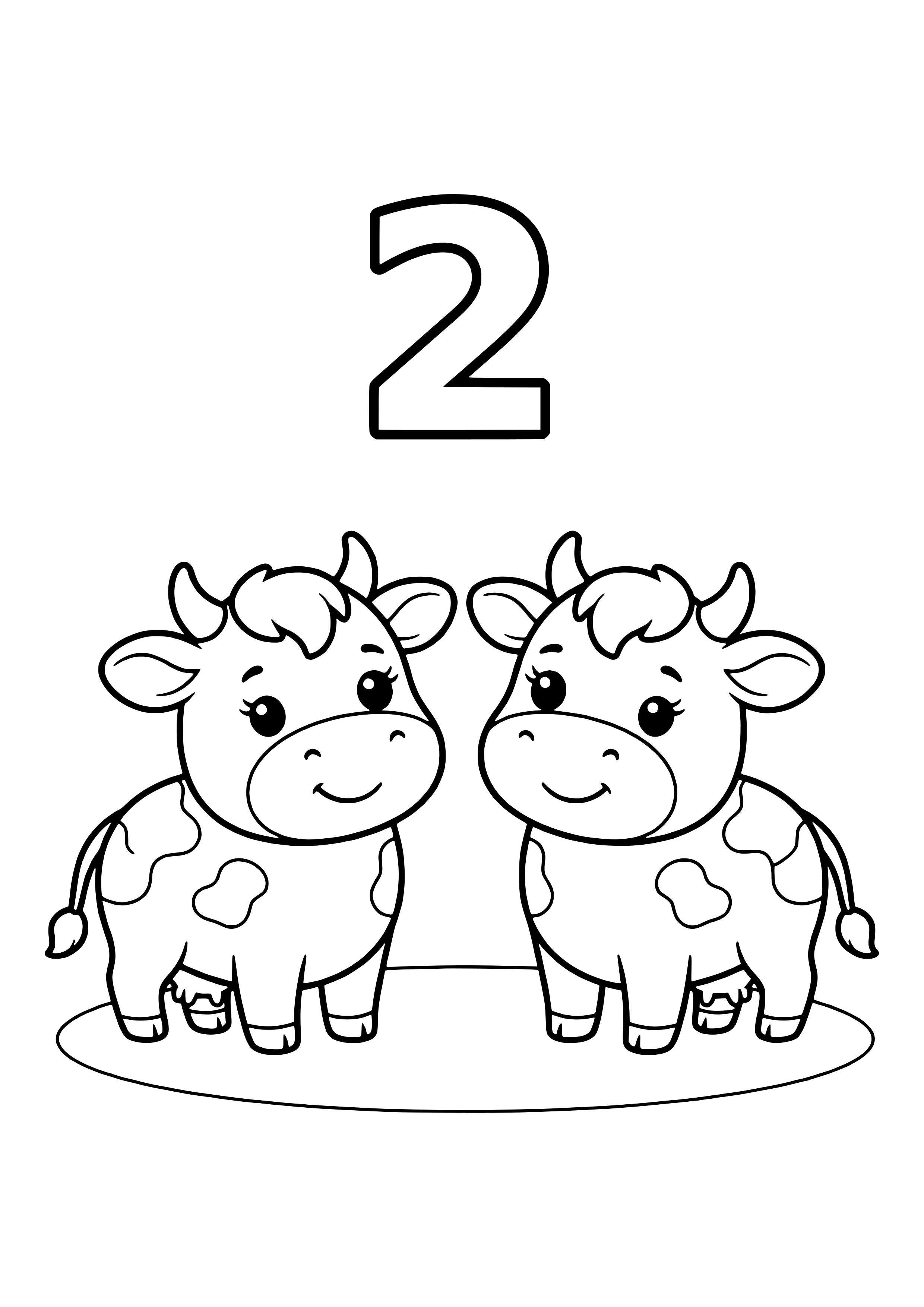 Large numeral 2 above two cute spotted cows looking at each other on an oval patch of ground – coloring page to print