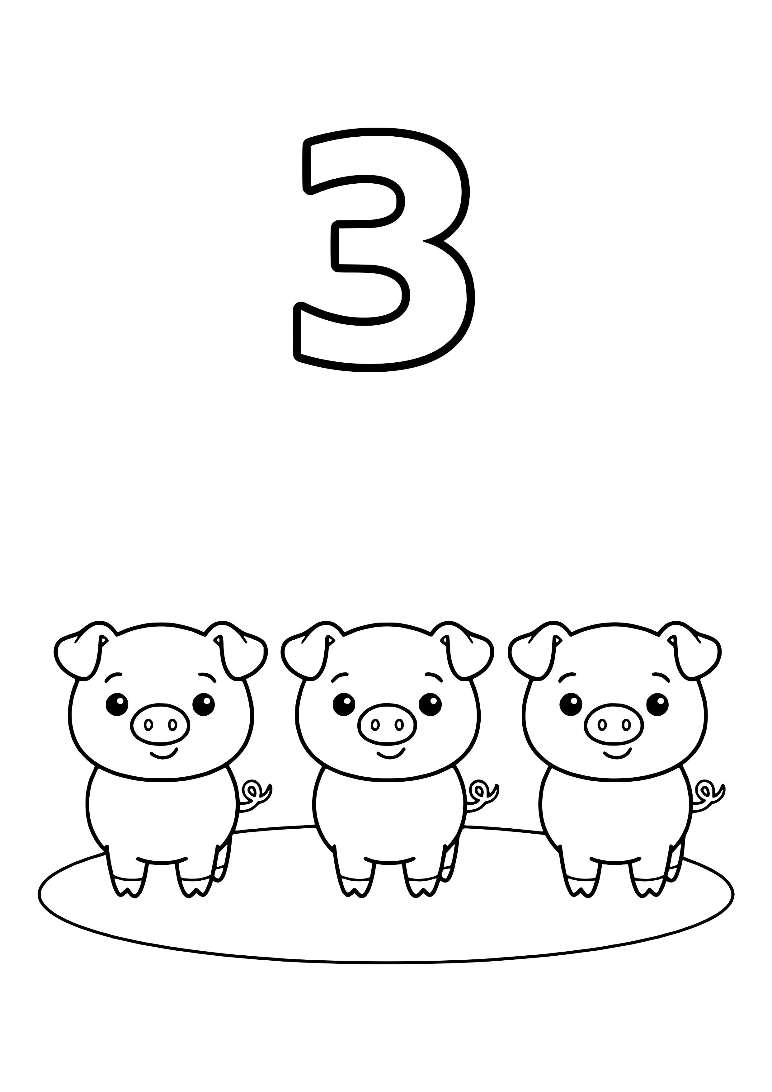 Große Ziffer 3 über drei kleinen Schweinchen mit Schlappohren, Rüssel und Ringelschwanz, die nebeneinander auf einem ovalen Boden stehen – Ausmalbild zum Ausdrucken