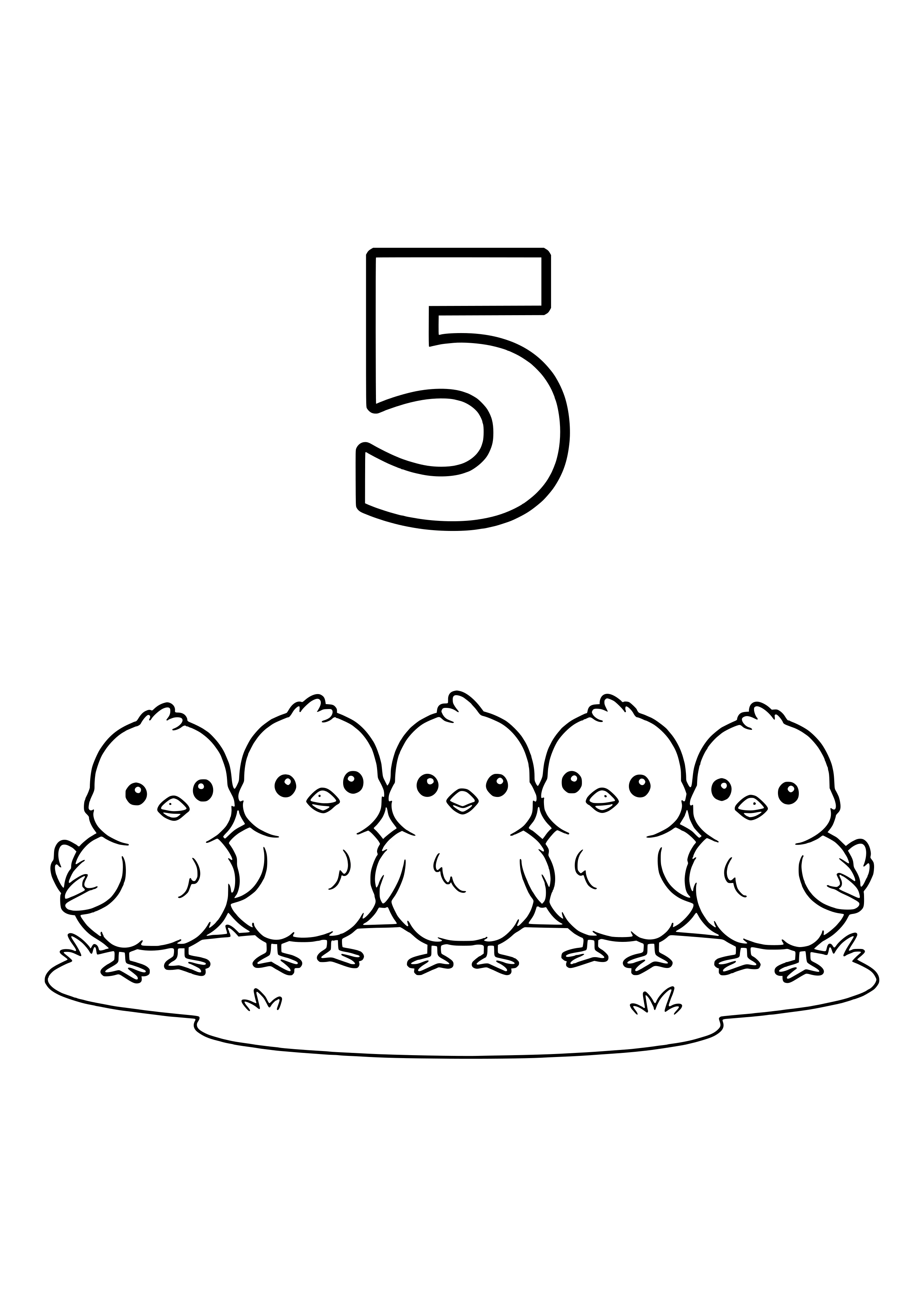 Large numeral 5 above five little chicks with feather tufts, beaks and tiny wings standing side by side on grass – coloring page to print