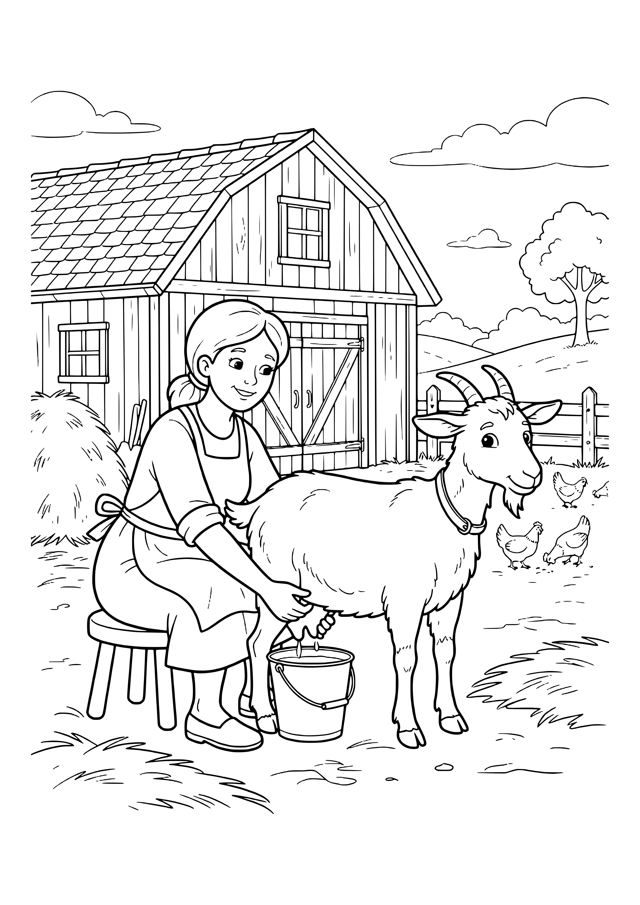 Farmer in an apron on a stool milking a horned goat with a collar into a pail, with a barn, hay, fence and hens behind – coloring page to print