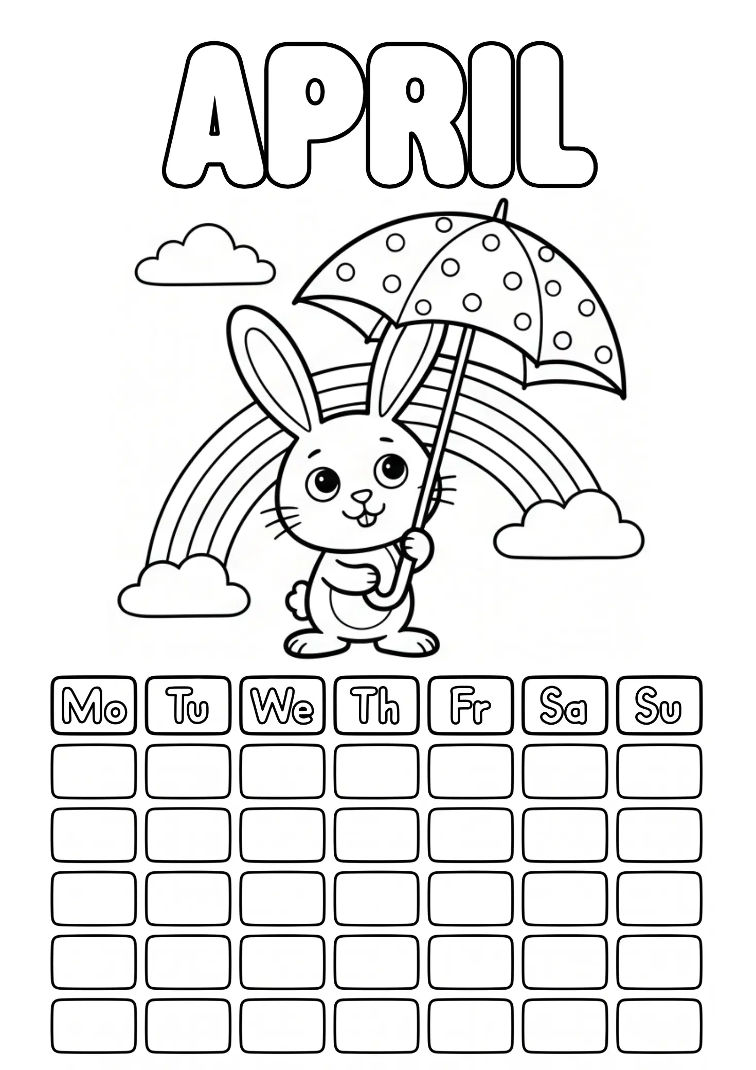 April coloring page with Easter bunny, umbrella, rainbow and blank calendar grid to fill in