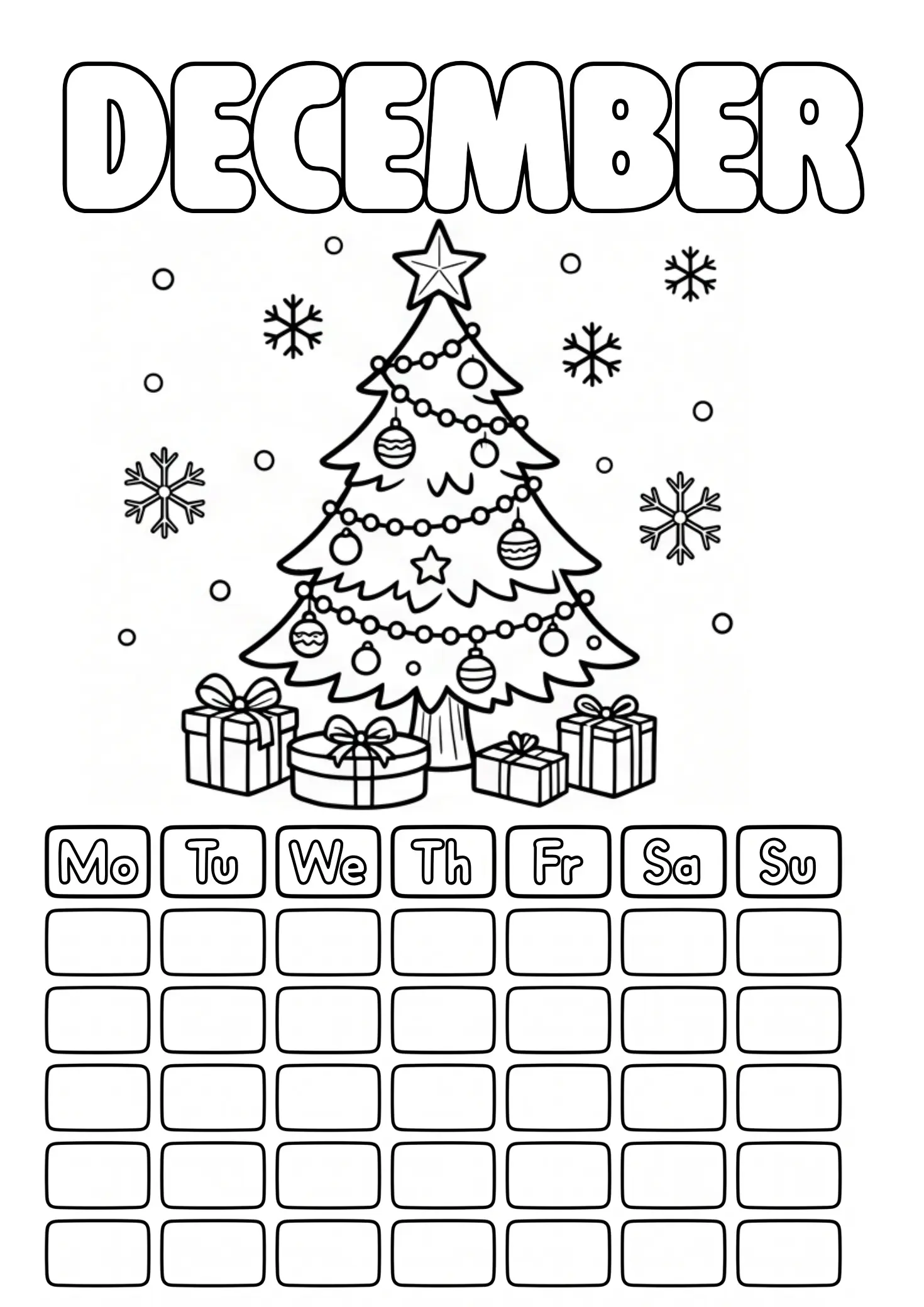 December coloring page with decorated Christmas tree and snowflakes and blank calendar grid to fill in
