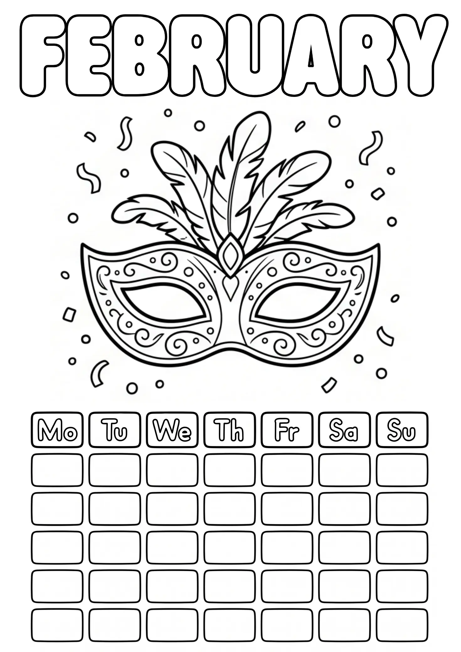 February coloring page with carnival mask and blank calendar grid to fill in
