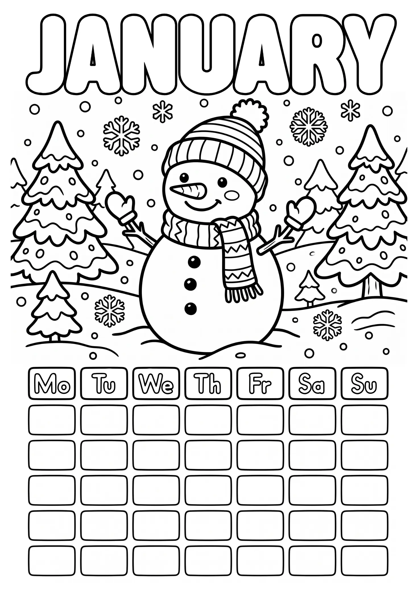 January coloring page with snowman and blank calendar grid to fill in