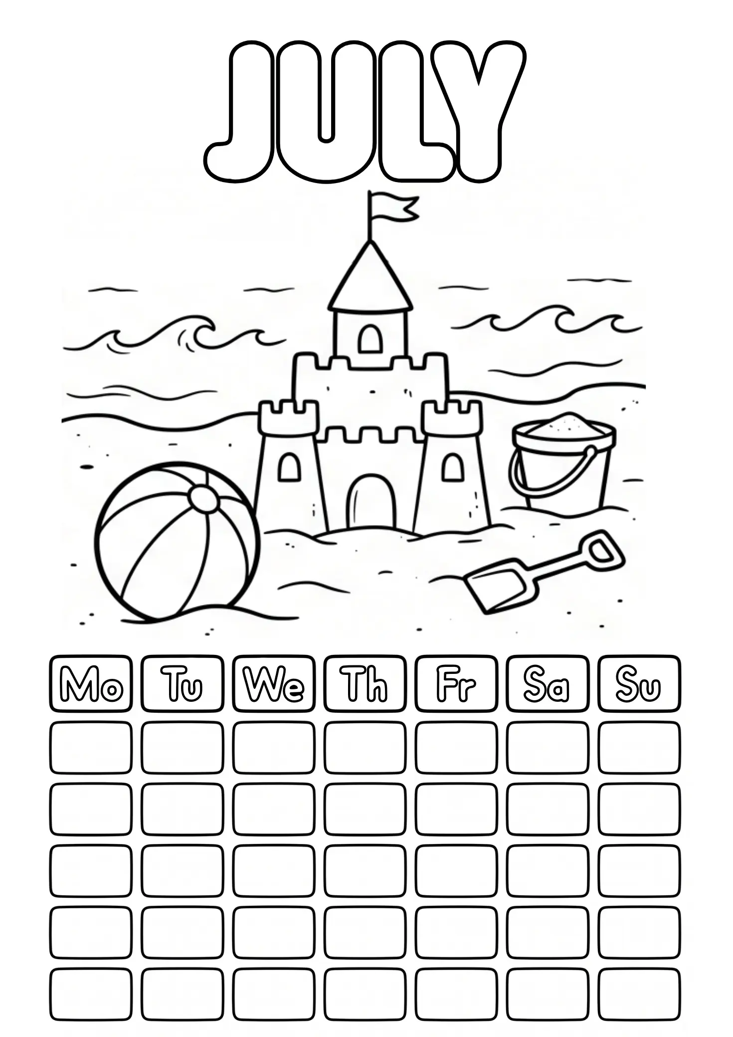 July coloring page with sandcastle, beach ball and sun and blank calendar grid to fill in