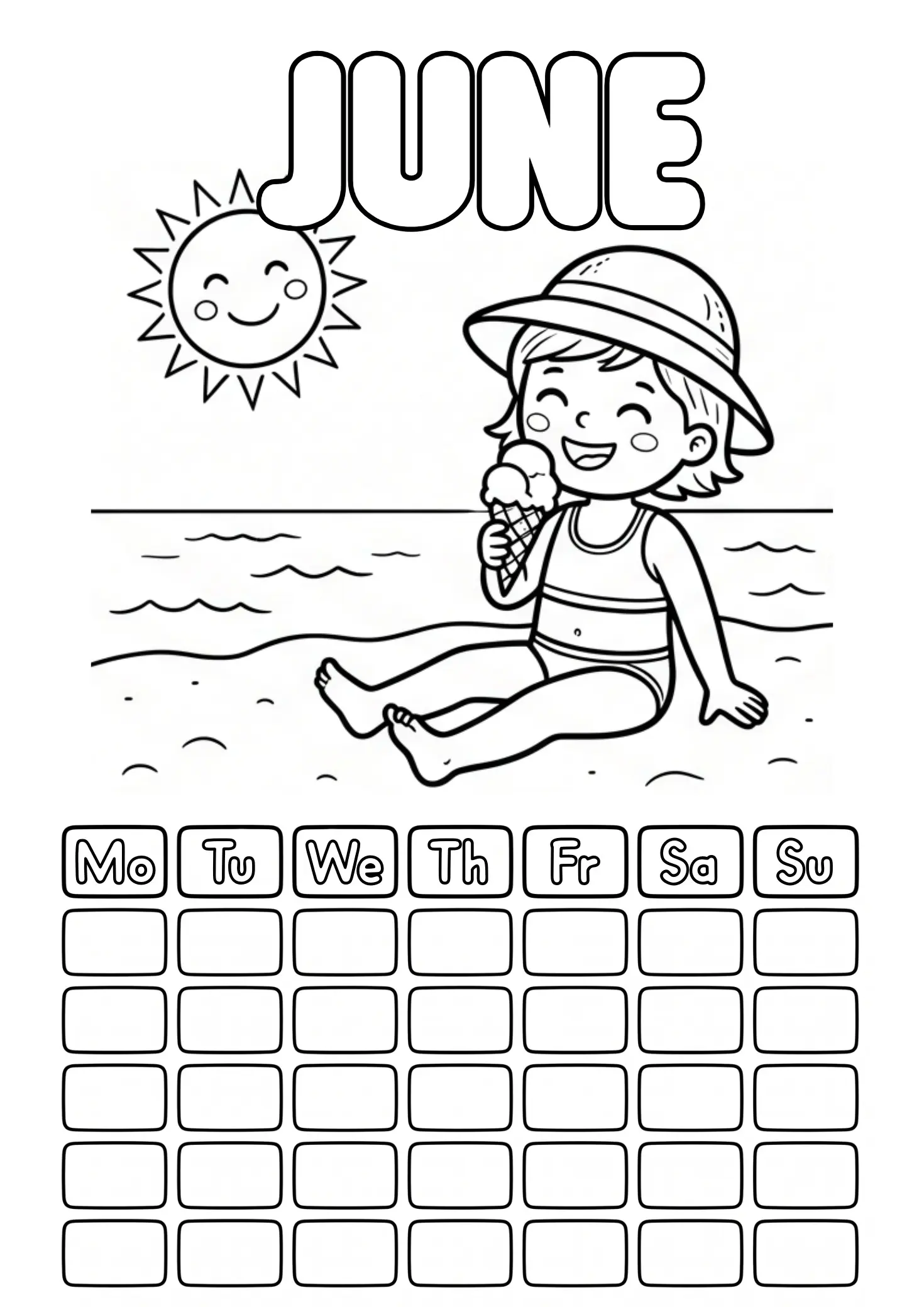 June coloring page with ice cream at the beach and blank calendar grid to fill in