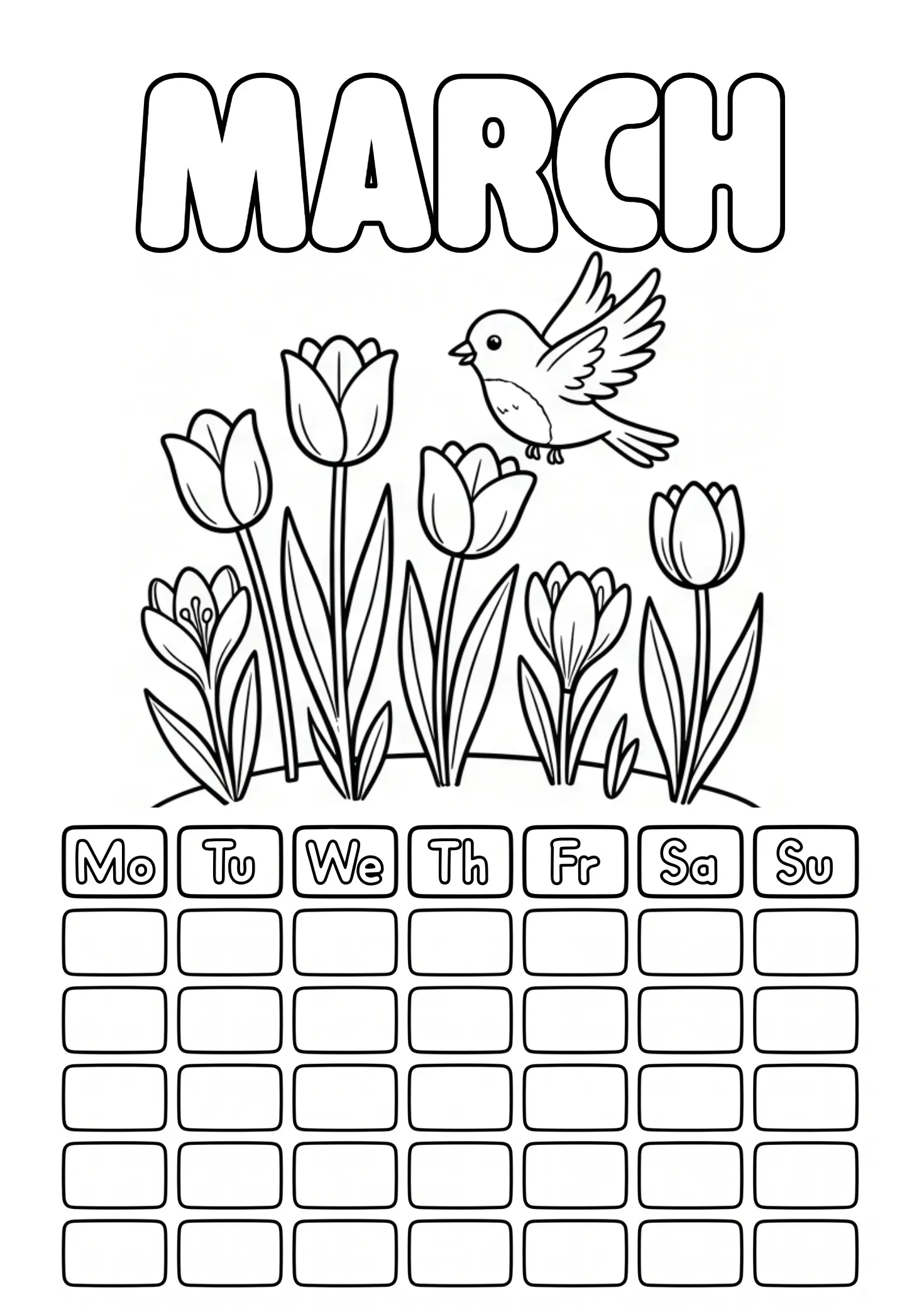 March coloring page with spring flowers and blank calendar grid to fill in