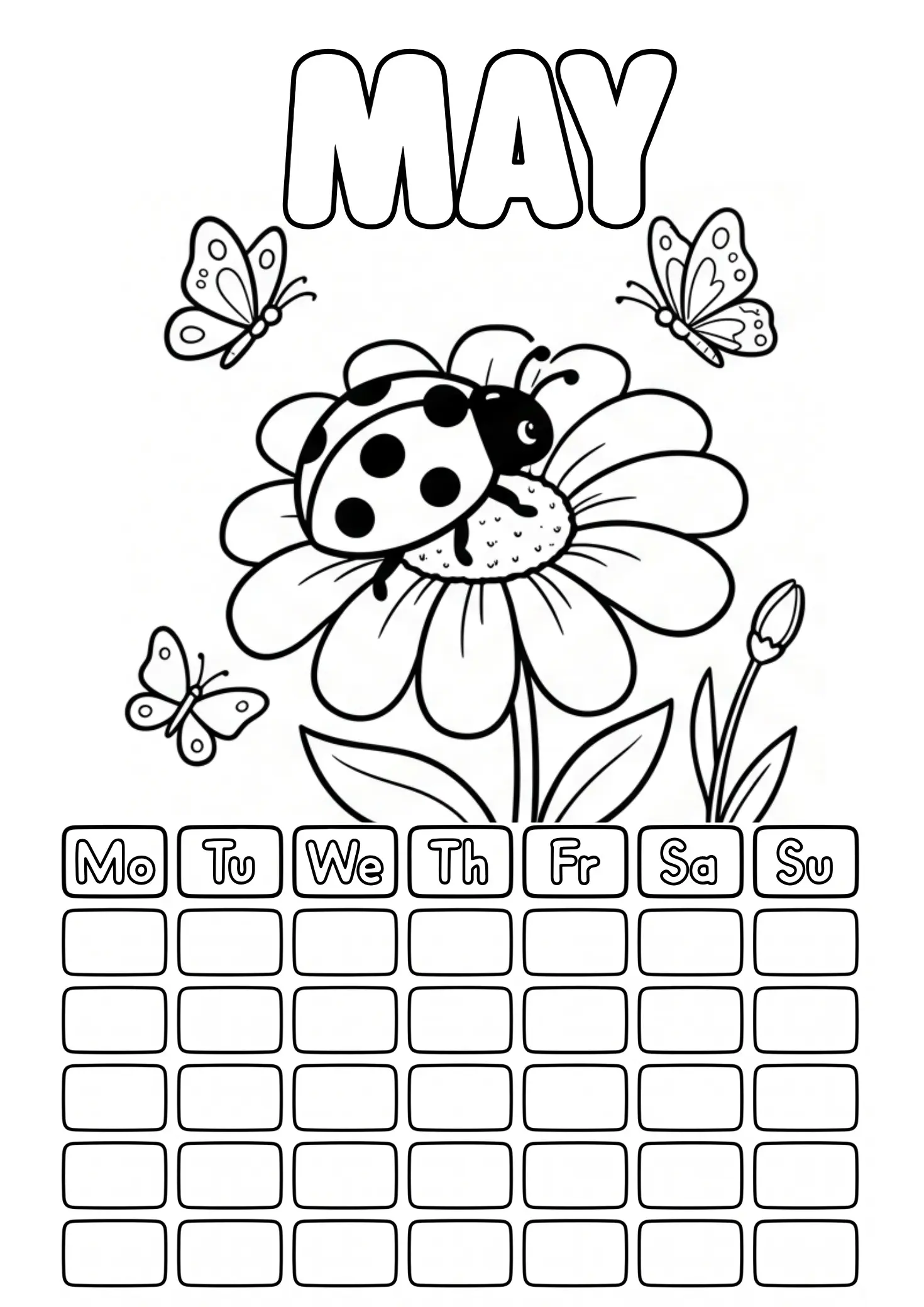 May coloring page with ladybug, flowers, butterflies and blank calendar grid to fill in