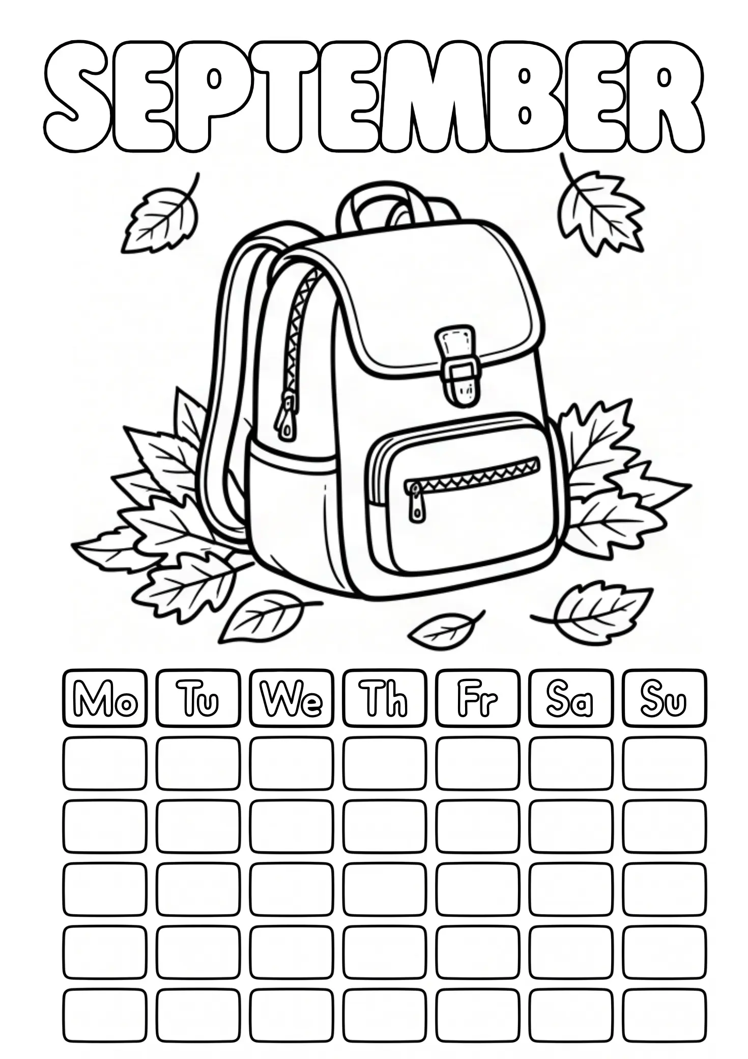 September coloring page with school backpack and autumn leaves and blank calendar grid to fill in