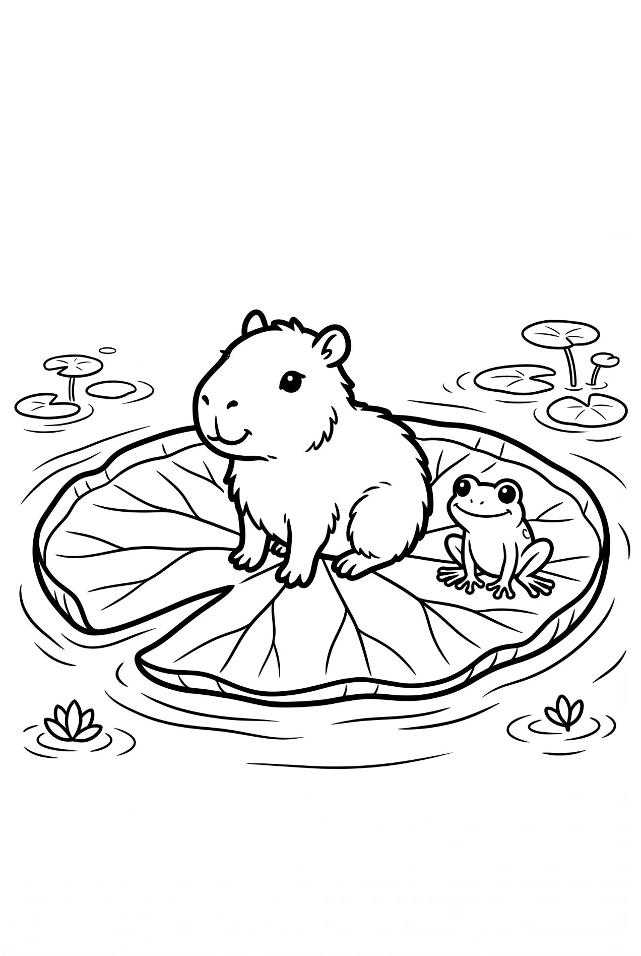 Capybara on a lily pad raft coloring page