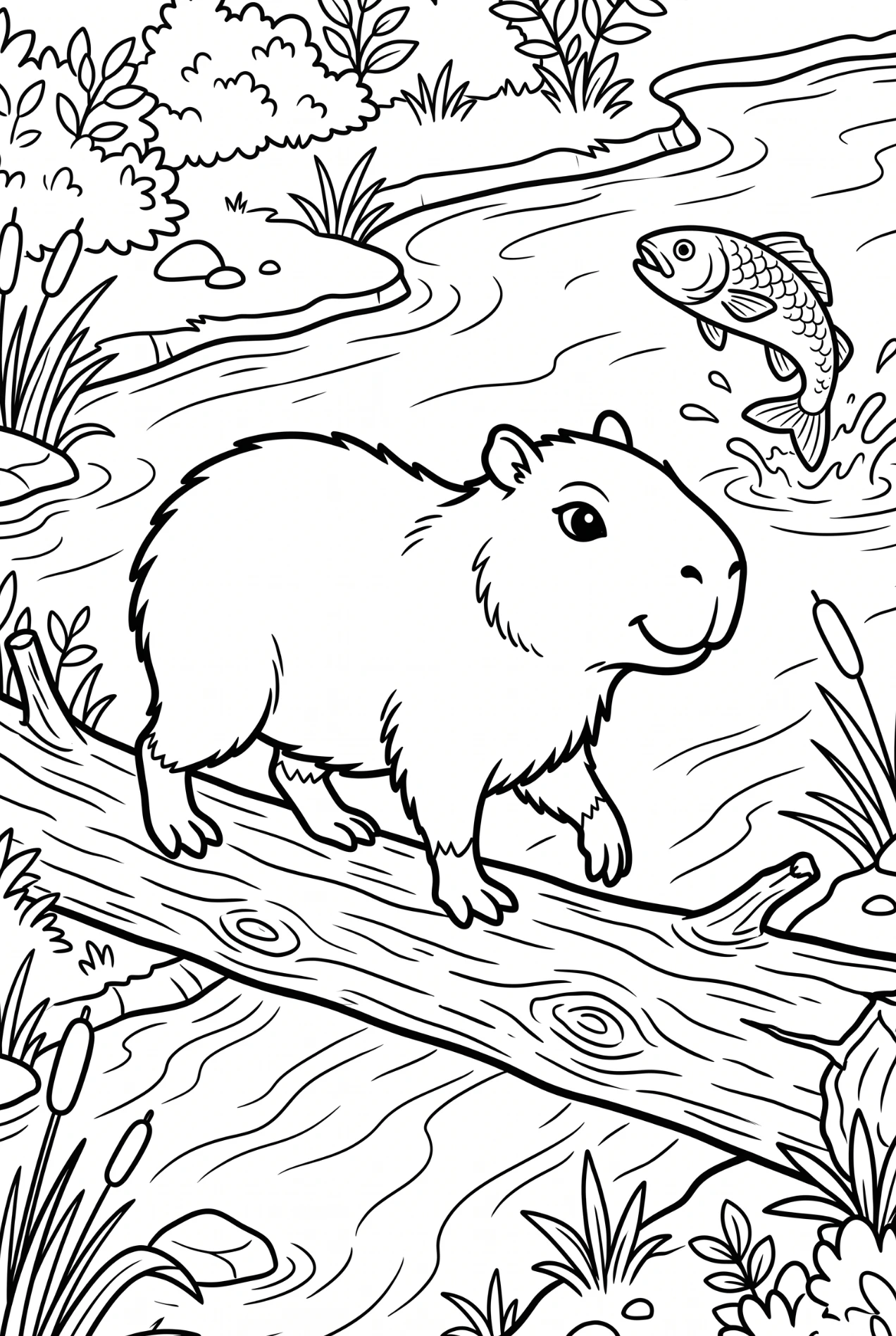 Capybara balanciert auf einem Baumstamm Ausmalbild