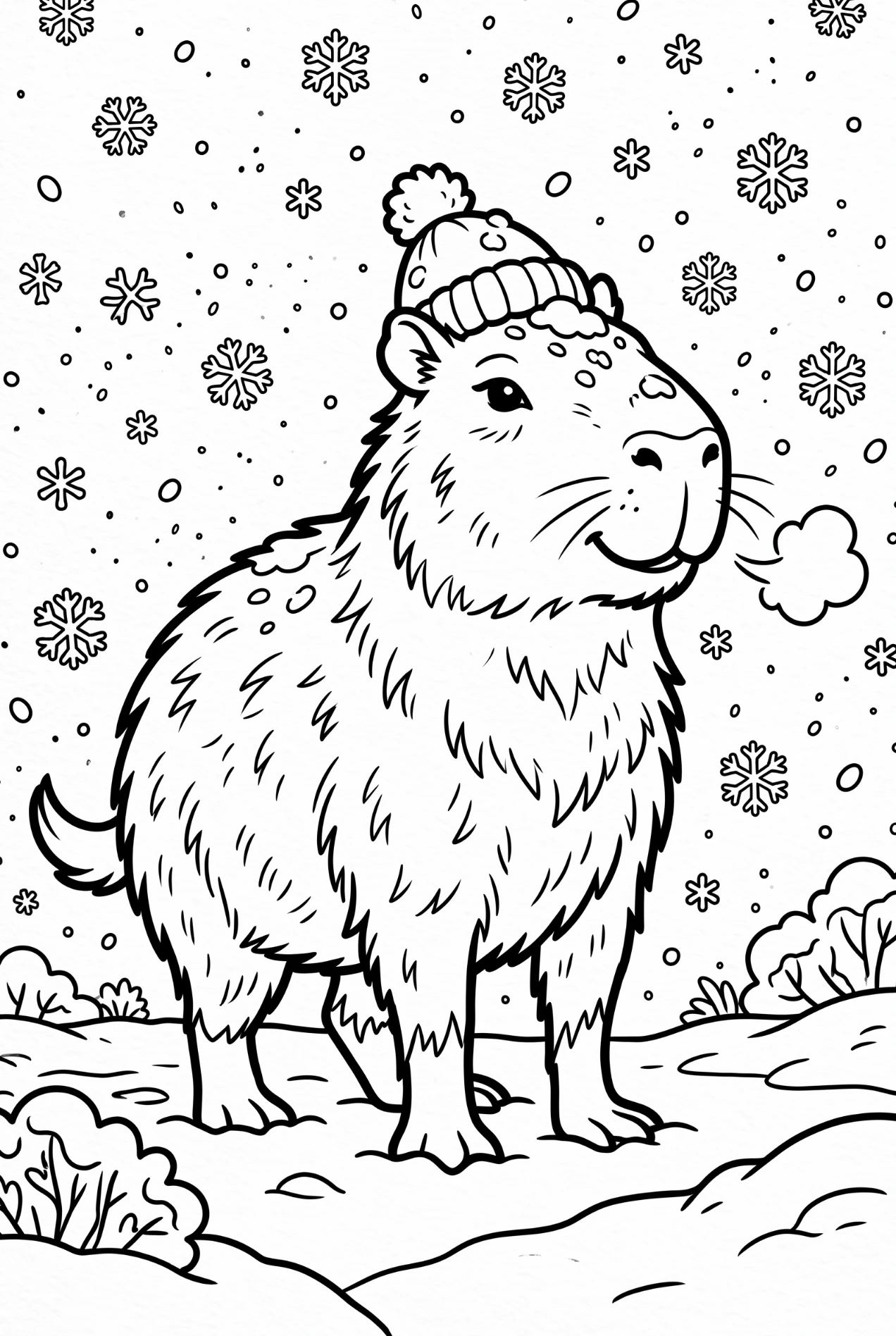 Capybara in the snow coloring page