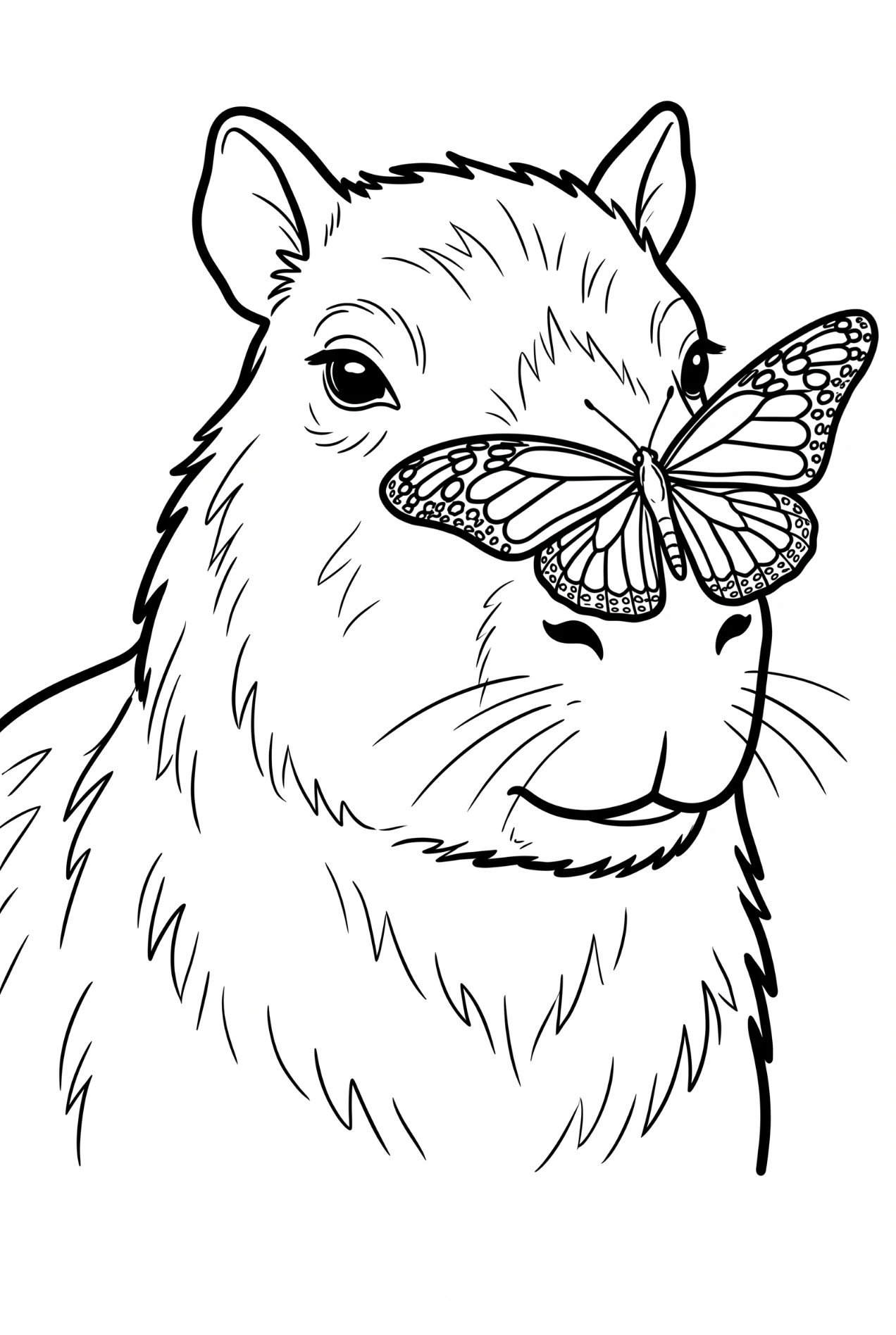 Capybara mit Schmetterling auf der Nase Ausmalbild