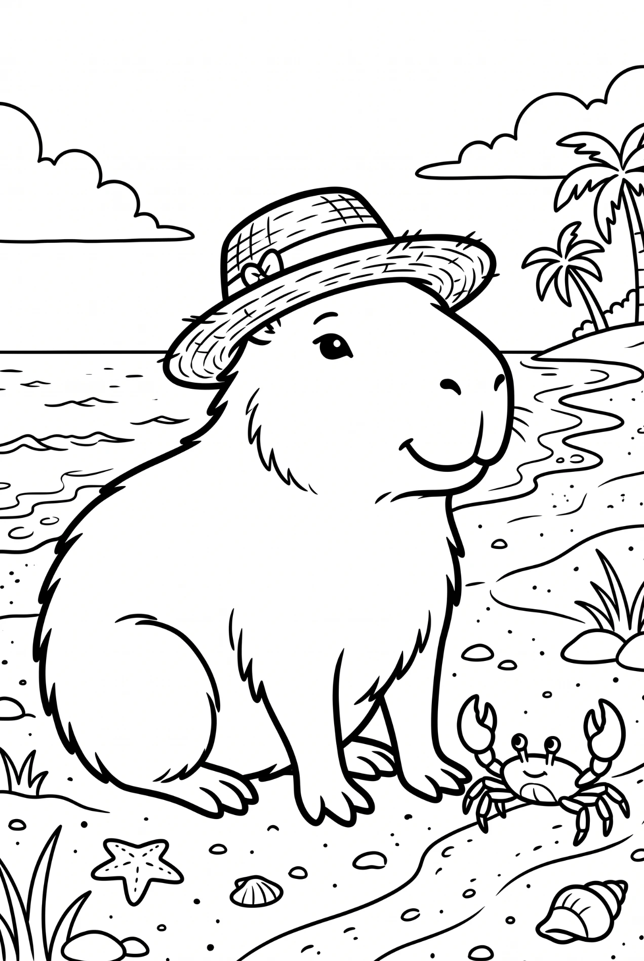 Capybara with sun hat on the beach coloring page