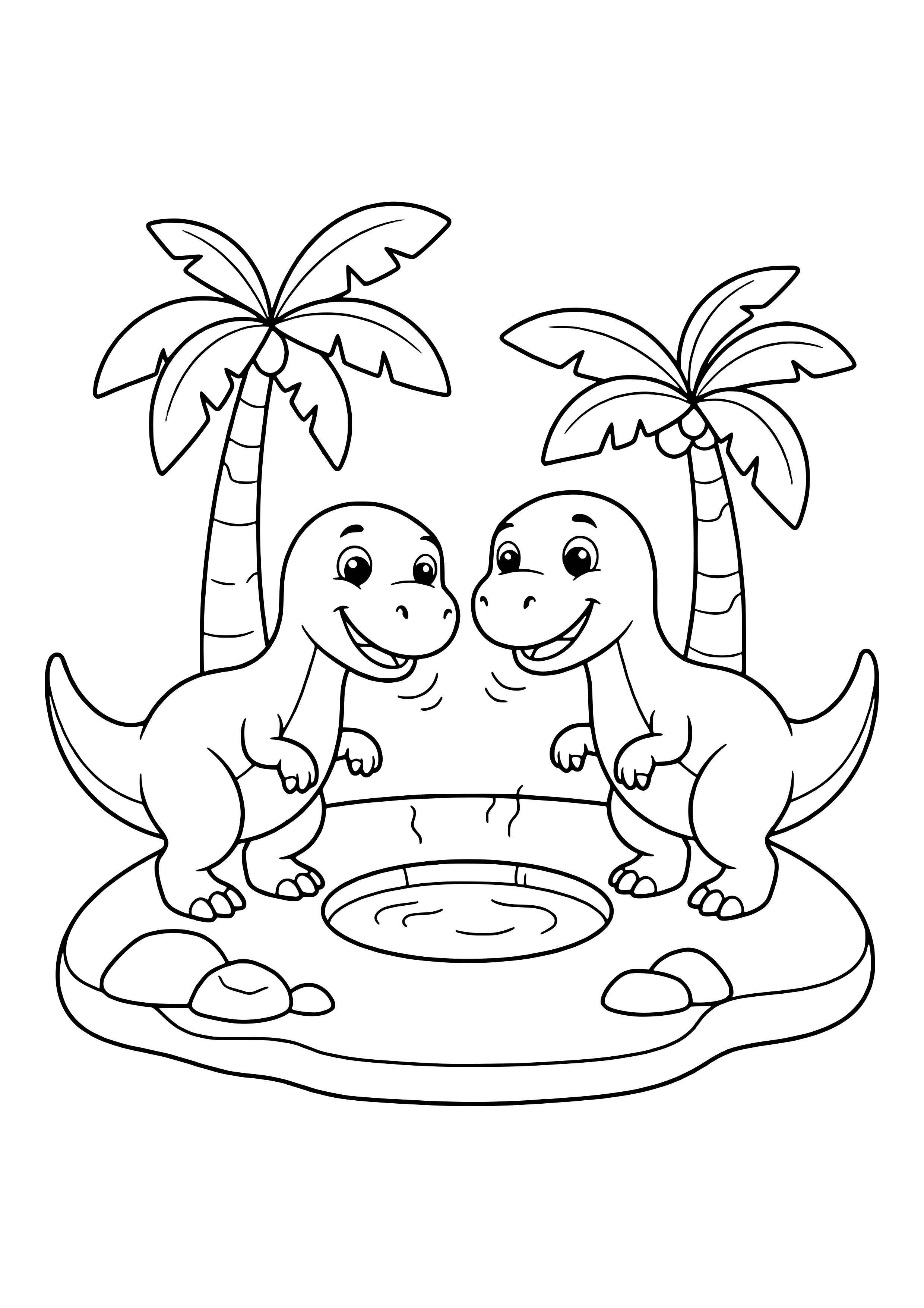 Zwei Dinos treffen sich an einem runden Wasserloch, dahinter zwei Palmen – Ausmalbild zum Ausdrucken