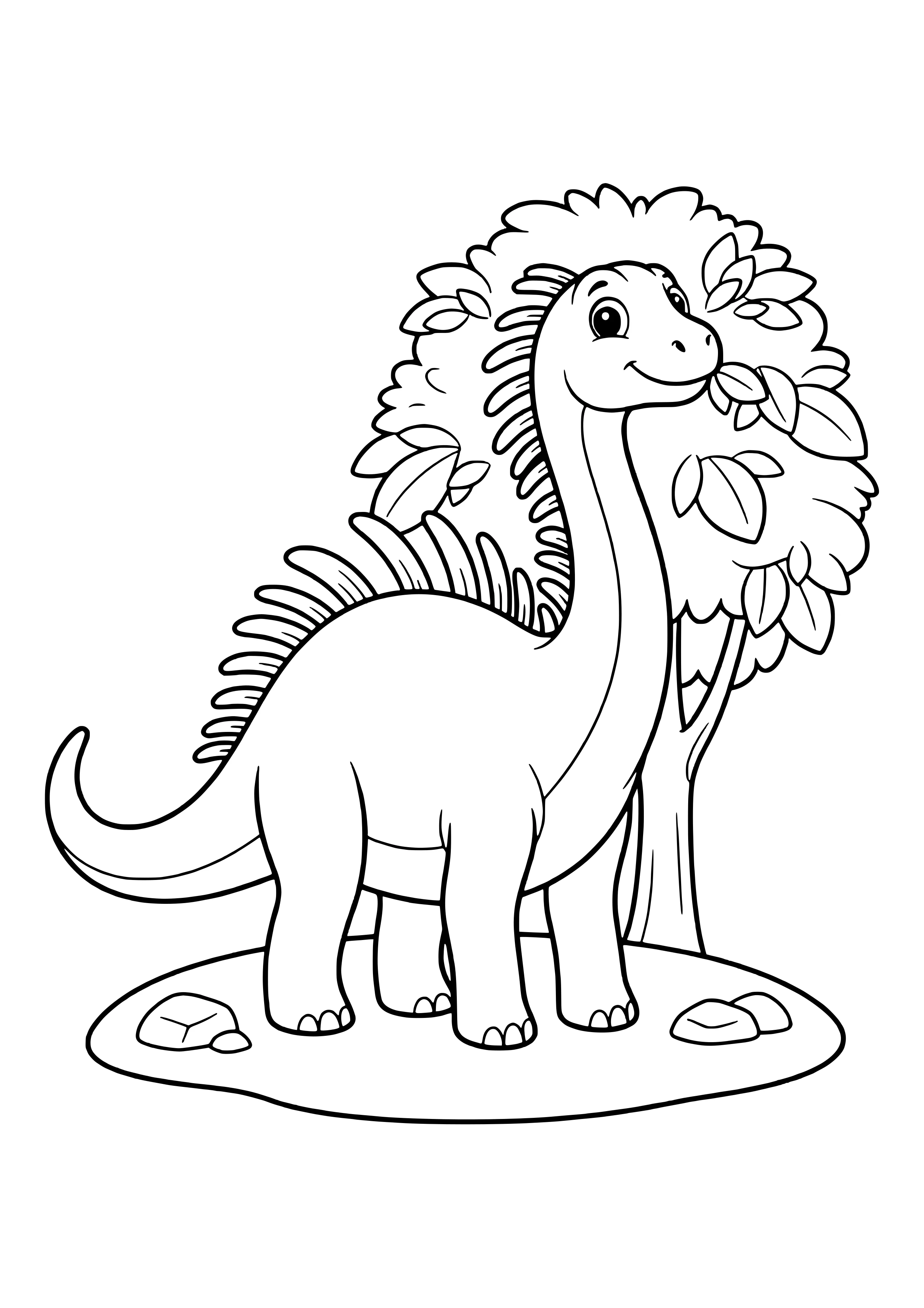 Amargasaurus with two rows of long spines on its neck and back eating leaves from a big tree – printable coloring page