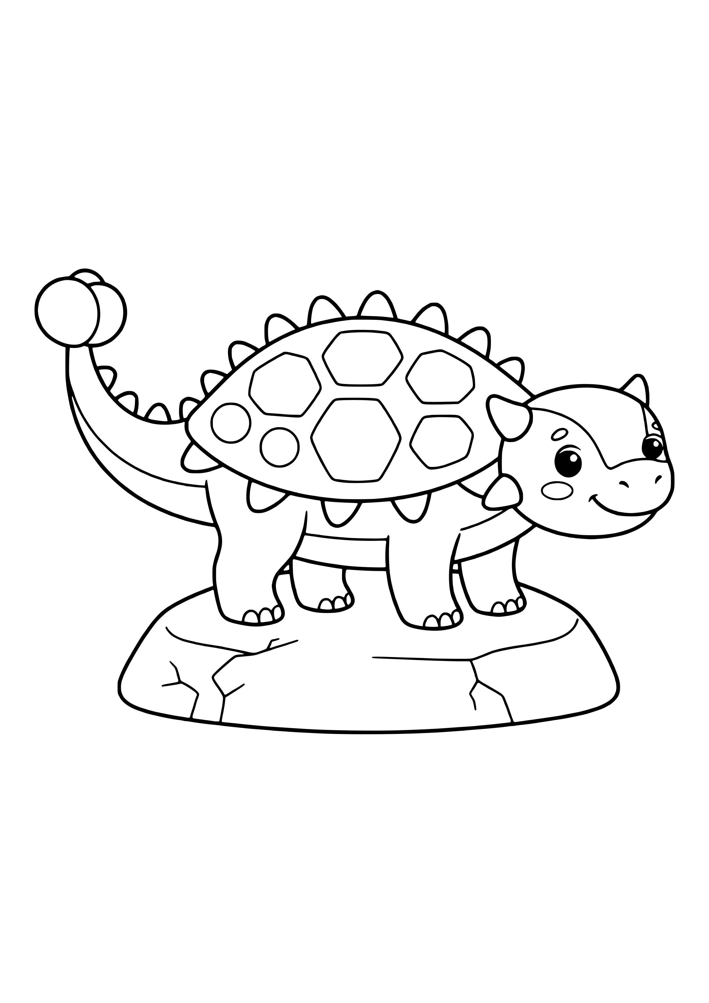 Ankylosaurus in Seitenansicht mit Panzer aus großen sechseckigen und ein paar runden Feldern, spitzen Stacheln und Schwanzkeule – Ausmalbild zum Ausdrucken