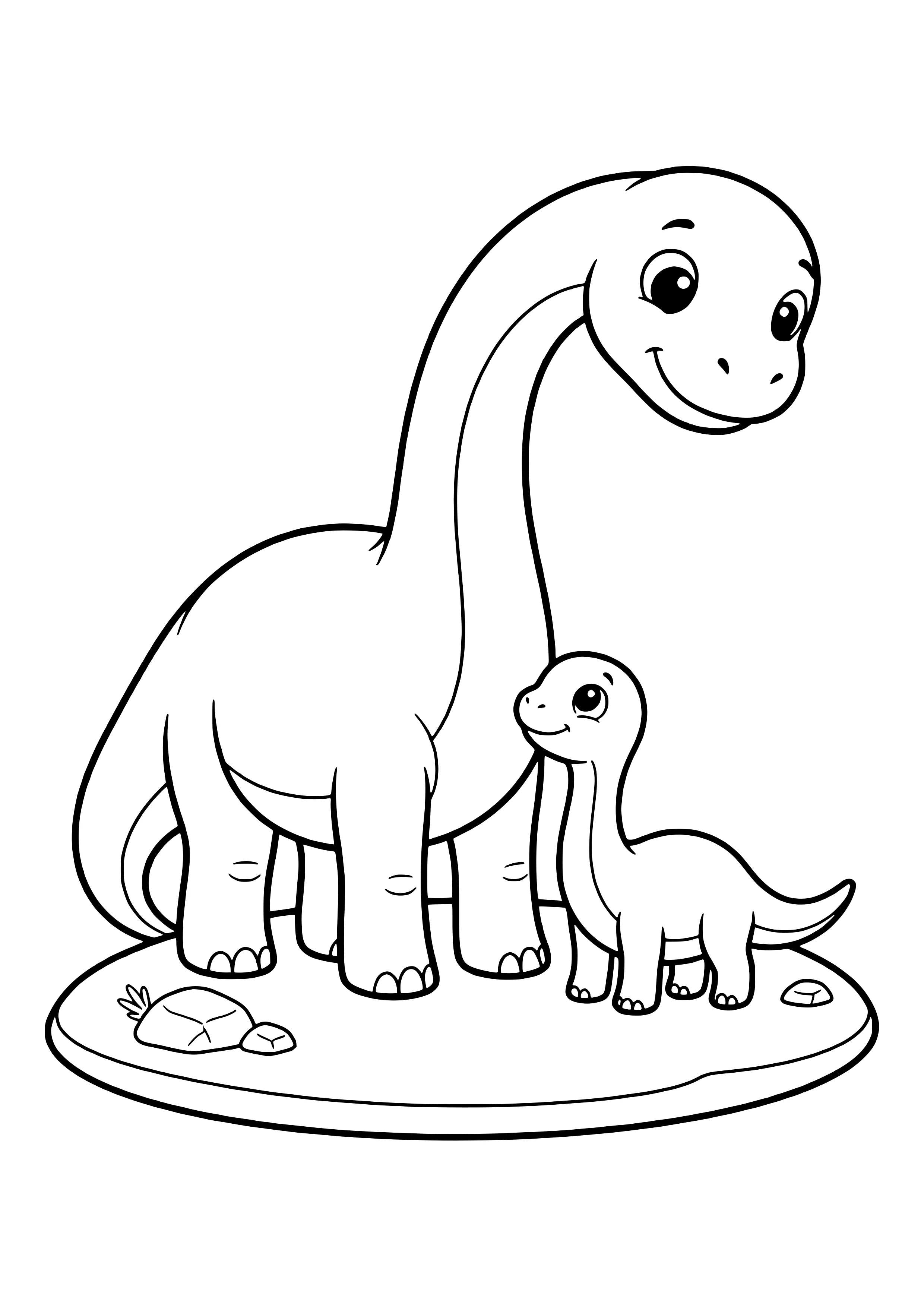 Große Apatosaurus-Mama beugt ihren langen Hals zu ihrem kleinen Baby hinunter – Ausmalbild zum Ausdrucken