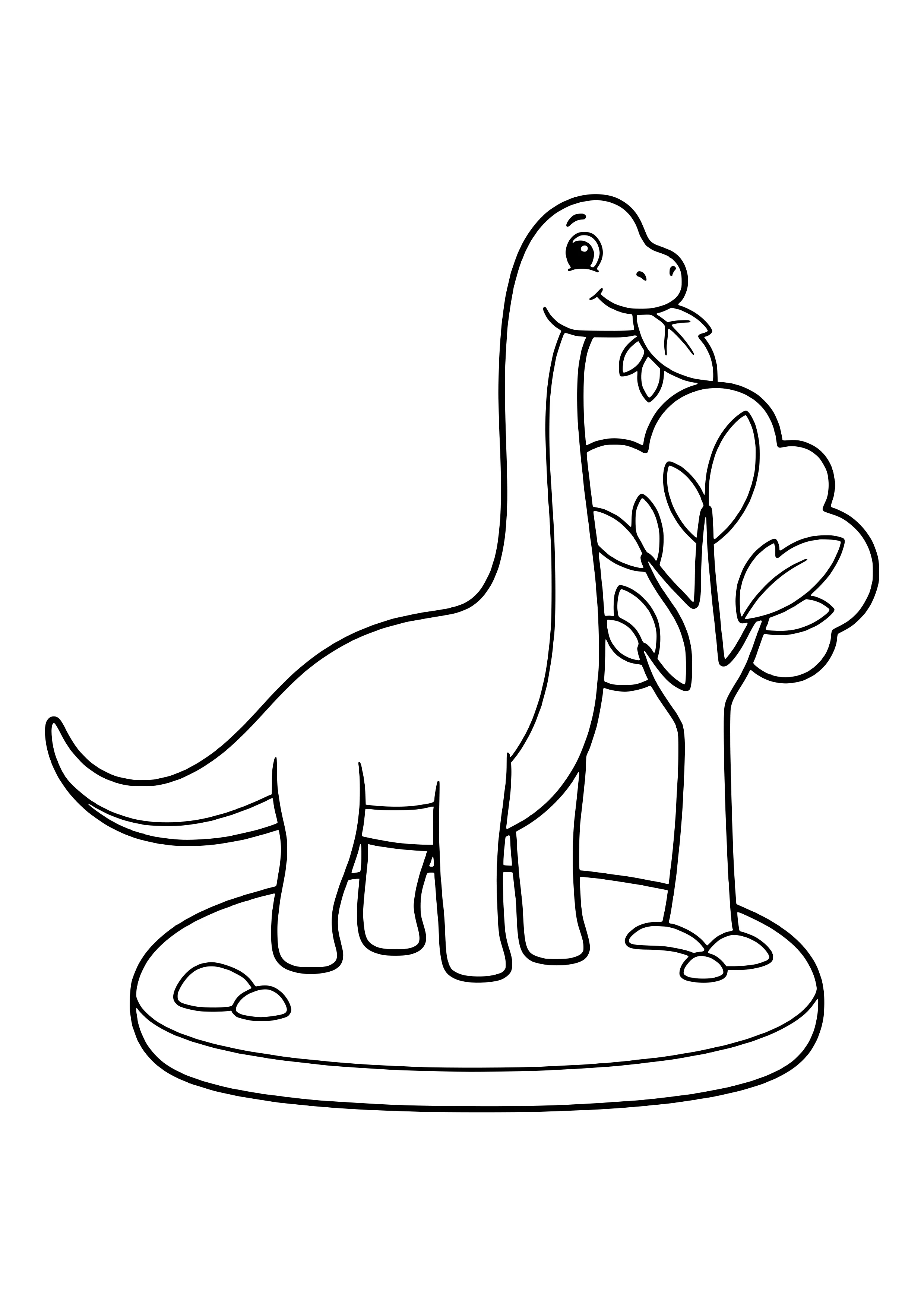 Brachiosaurus stretching its long neck up to a big tree with large leaves and eating – printable coloring page