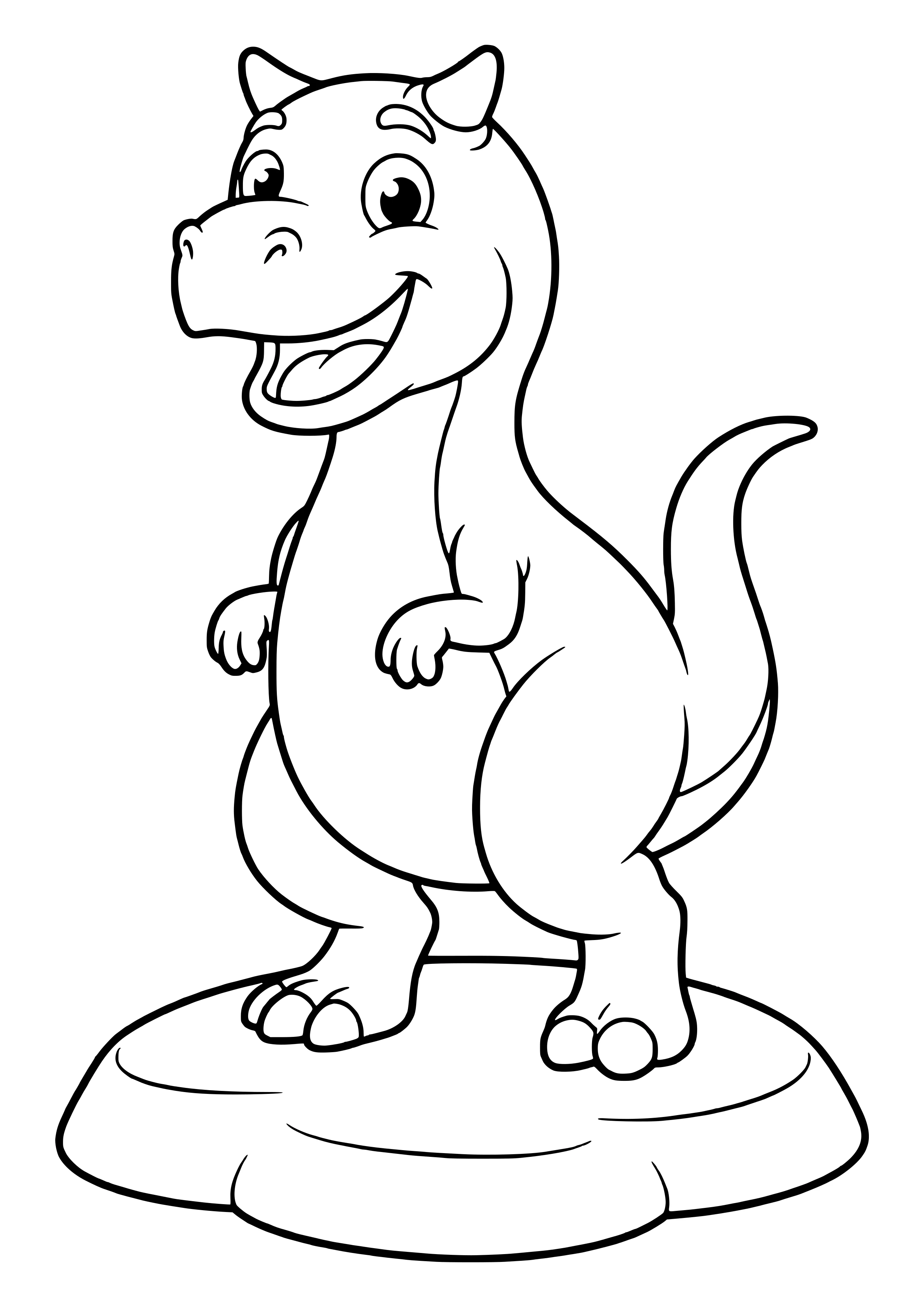 Laughing Carnotaurus with a round body and two short bull-like horns on its head – printable coloring page