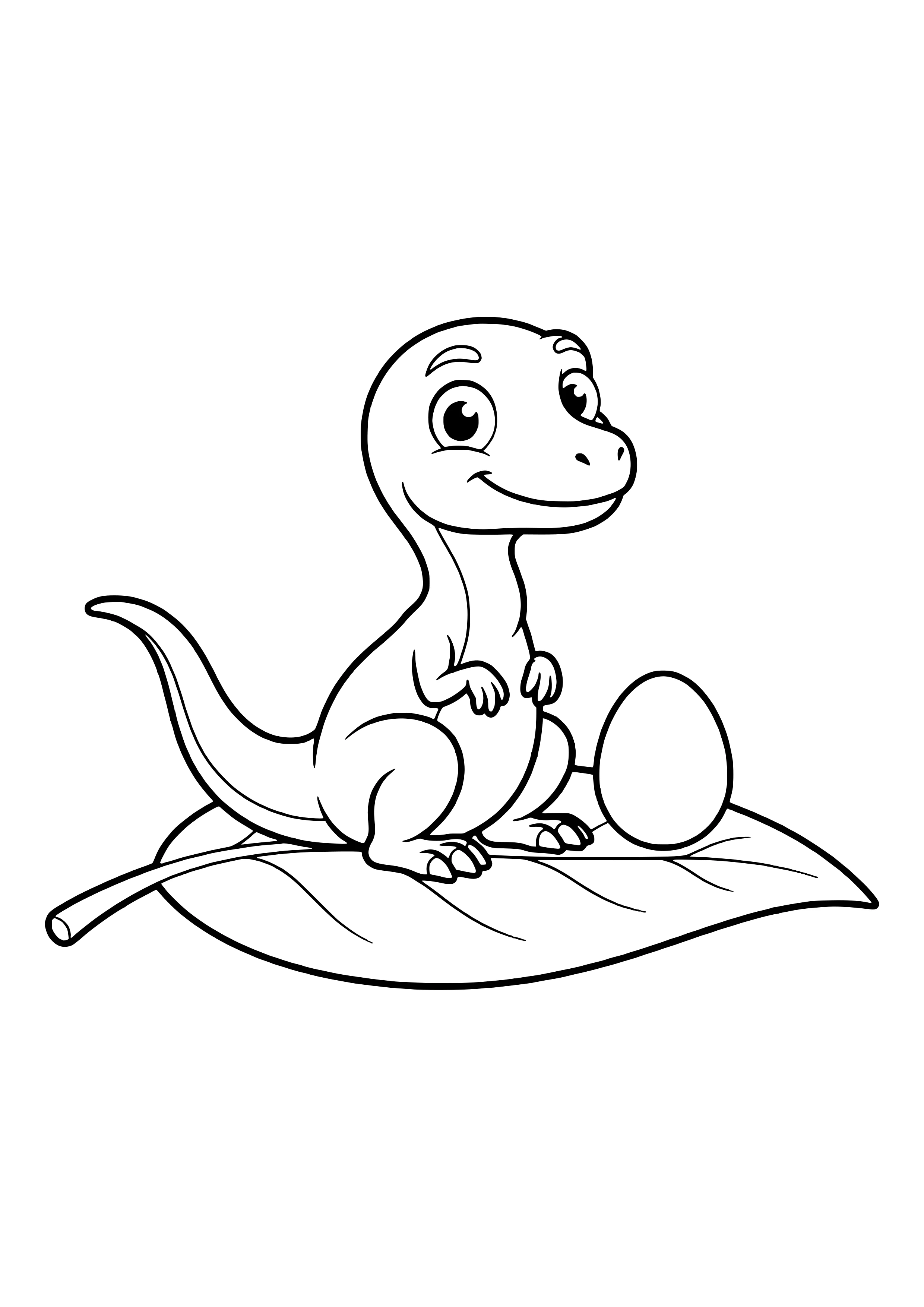 Winzig kleiner Compsognathus sitzt auf einem großen Blatt, daneben ein Ei zum Größenvergleich – Ausmalbild zum Ausdrucken