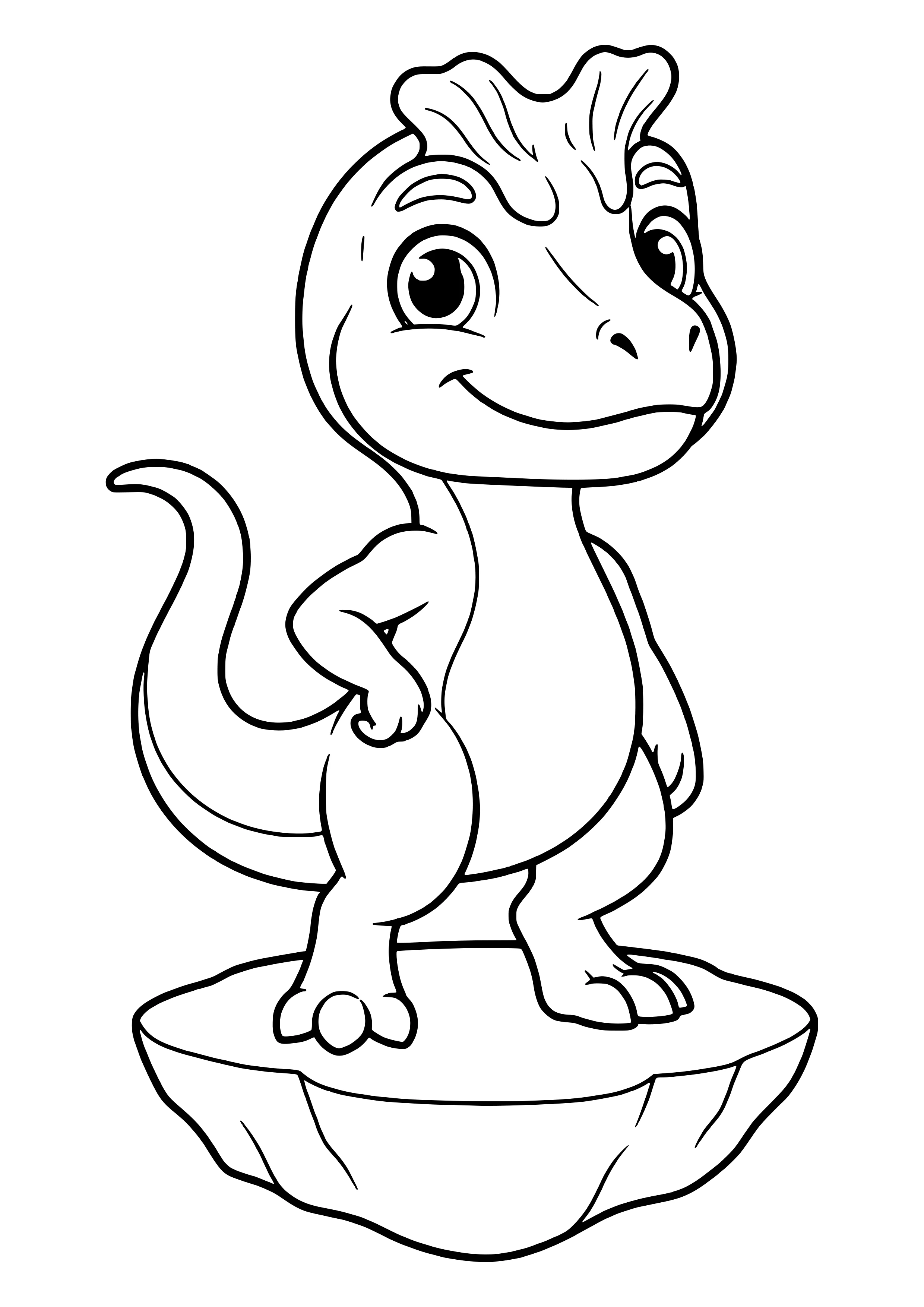 Cryolophosaurus with a wavy forehead crest like a quiff posing with one hand on its hip – printable coloring page
