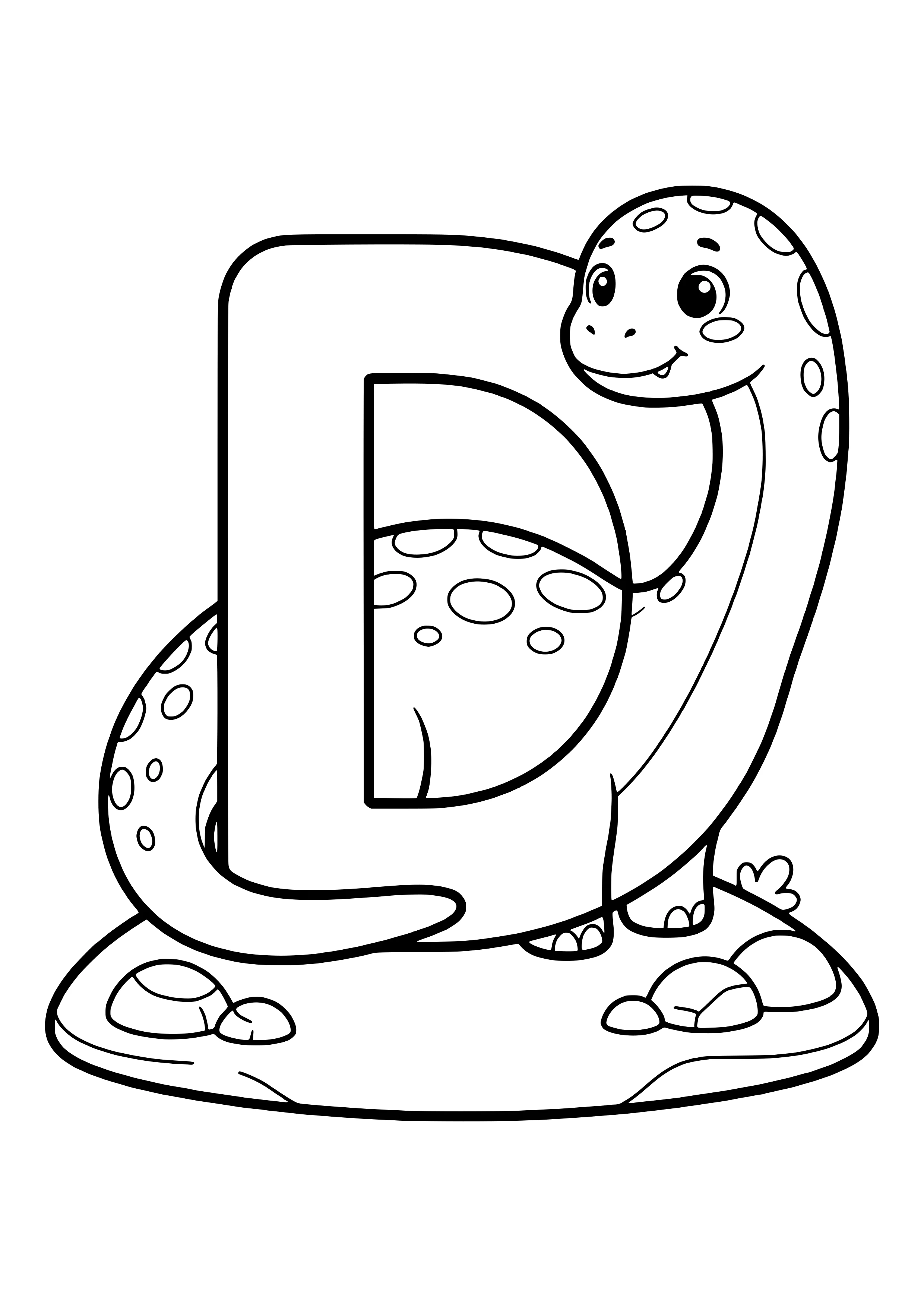 Big hollow letter D with a spotted long-necked dinosaur winding around it – printable coloring page